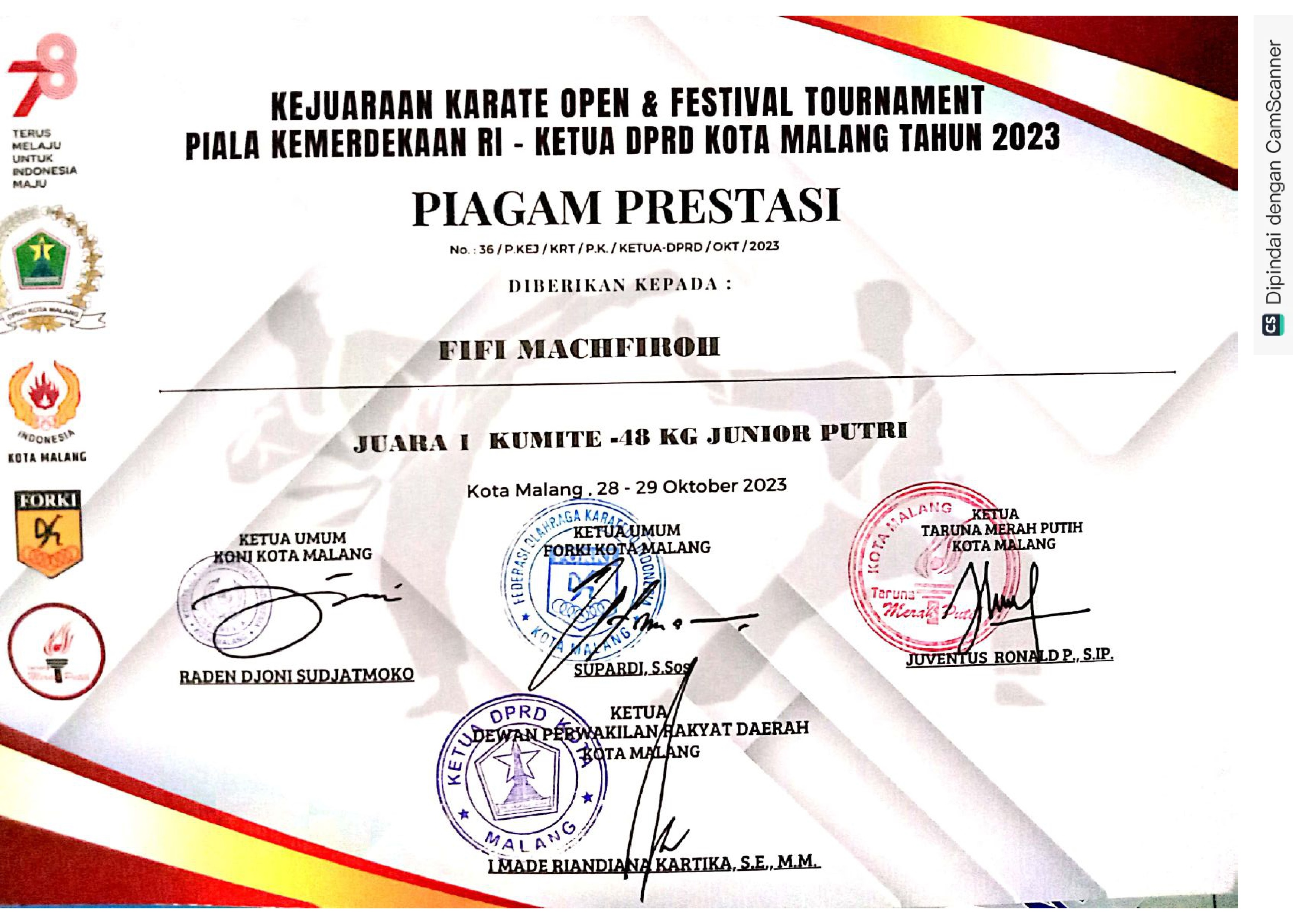 juara 1 kumite 48kg kejuaraan karate open dan festifal tournament piala kemerdekaan RI-Ketua dprd kota malang 2023