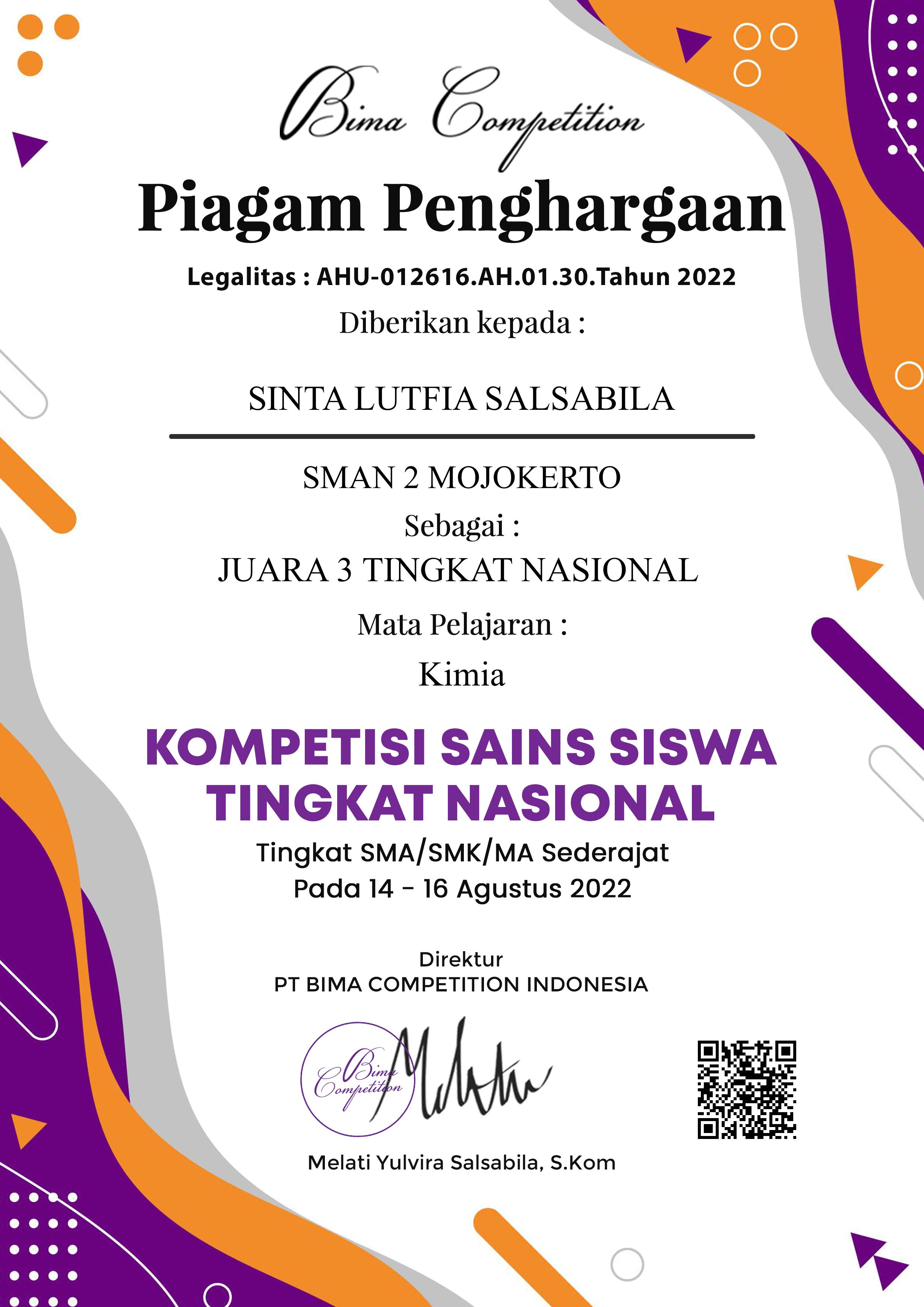 Juara 3 Bidang Kimia Kompetisi Sains Siswa Tingkat Nasional