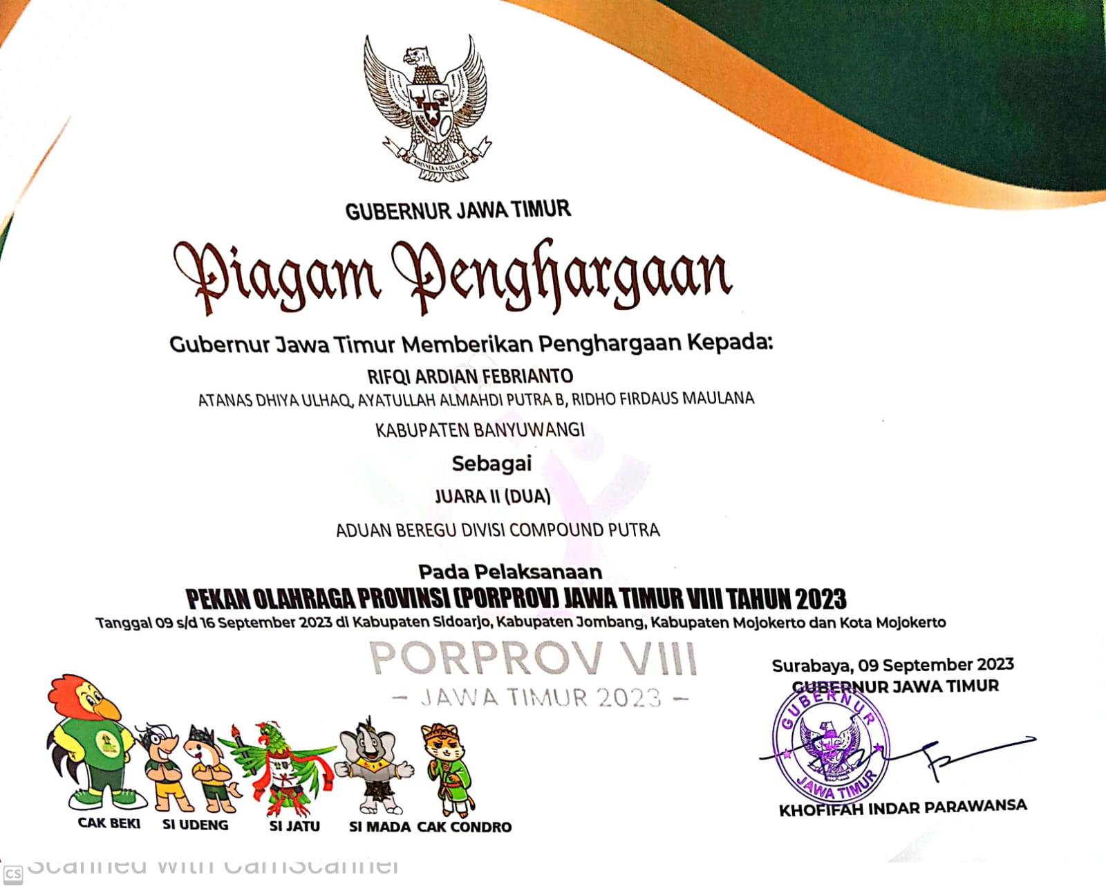 PEKAN OLAHRAGA PROVINSI JAWA TIMUR VIII TAHUN 2023 UNTUK LOMBA ADUAN BEREGU DIVISI COMPOUND PUTRA