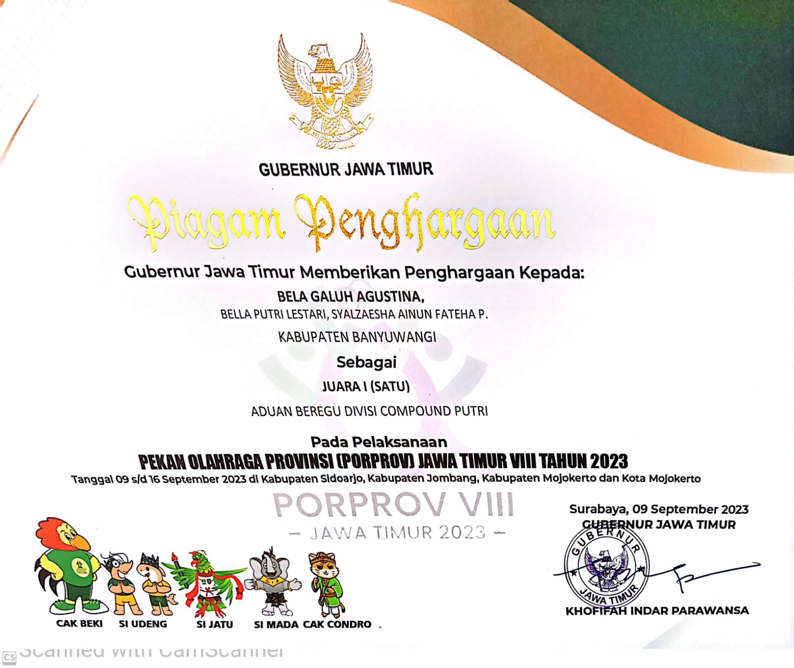 PEKAN OLAHRAGA PROVINSI JAWA TIMUR VIII TAHUN 2023 UNTUK LOMBA ADUAN BEREGU DIVISI COMPOUND PUTRI