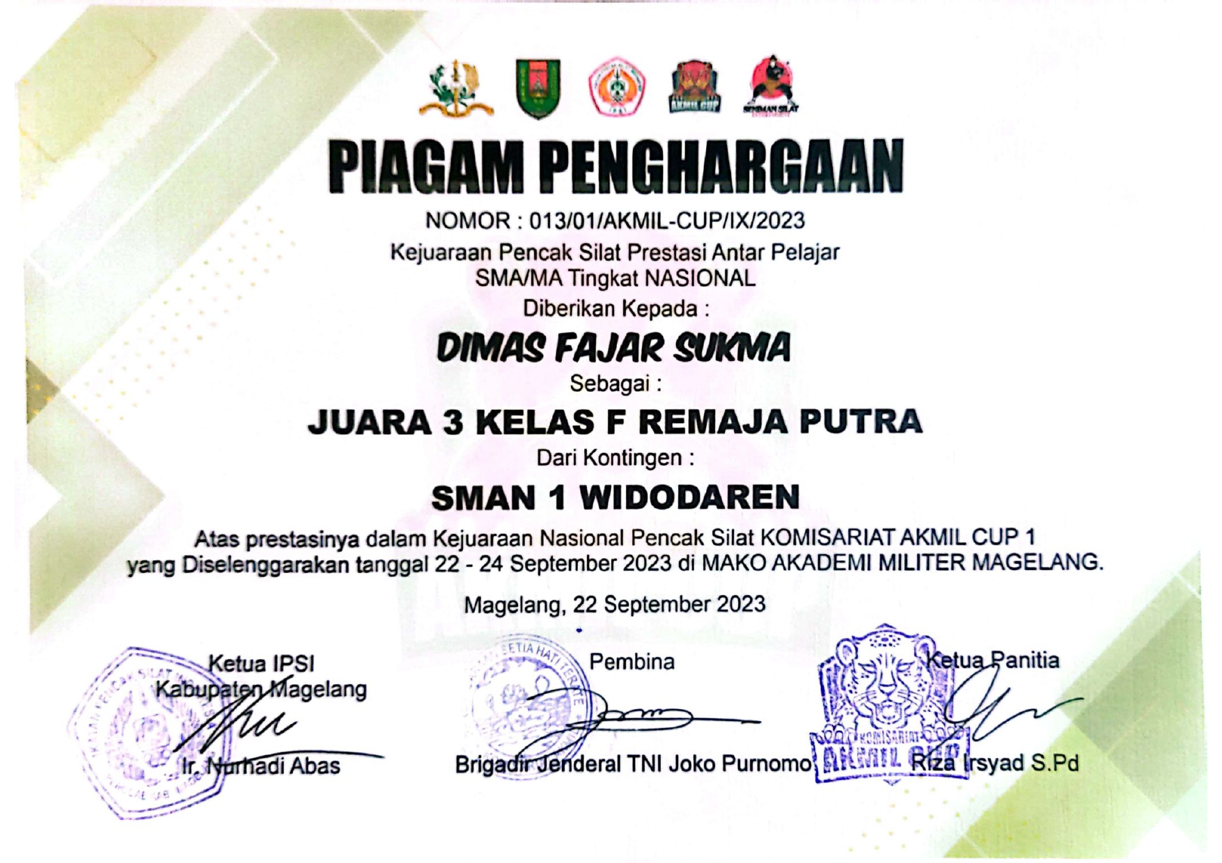 KEJUARAAN PENCAK SILAT PRESTASI ANTAR PELAJAR SMA/MA KOMISARIAT AKMIL CUP 1