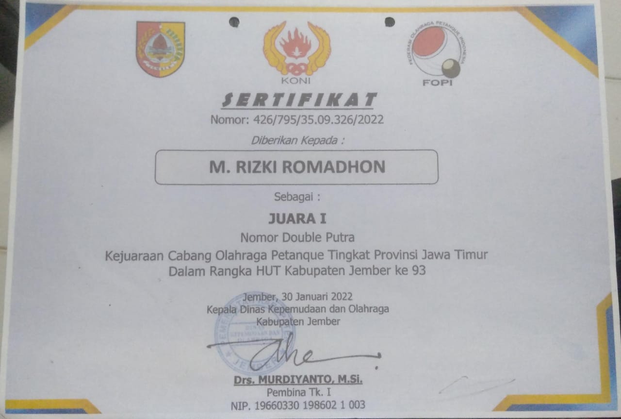 JUARA I Nomor Double Putra Cabor Petanque 