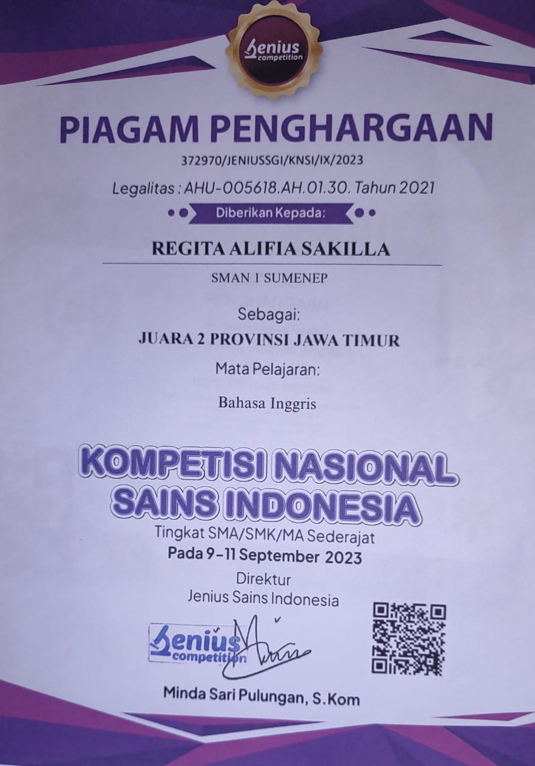 JUARA 2 PROVINSI JAWA TIMUR bidang Bahasa Inggris 