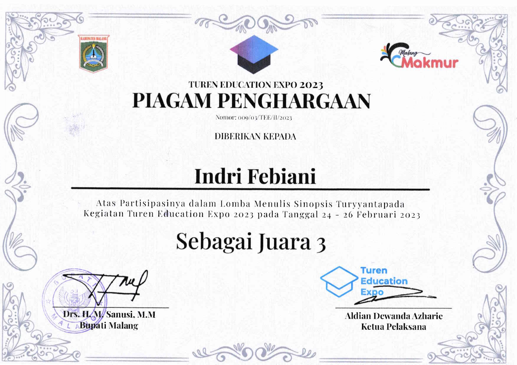 Juara 3 Lomba Menulis Sinopsis Turyyantapada Kegiatan Turen Education Expo 2023 