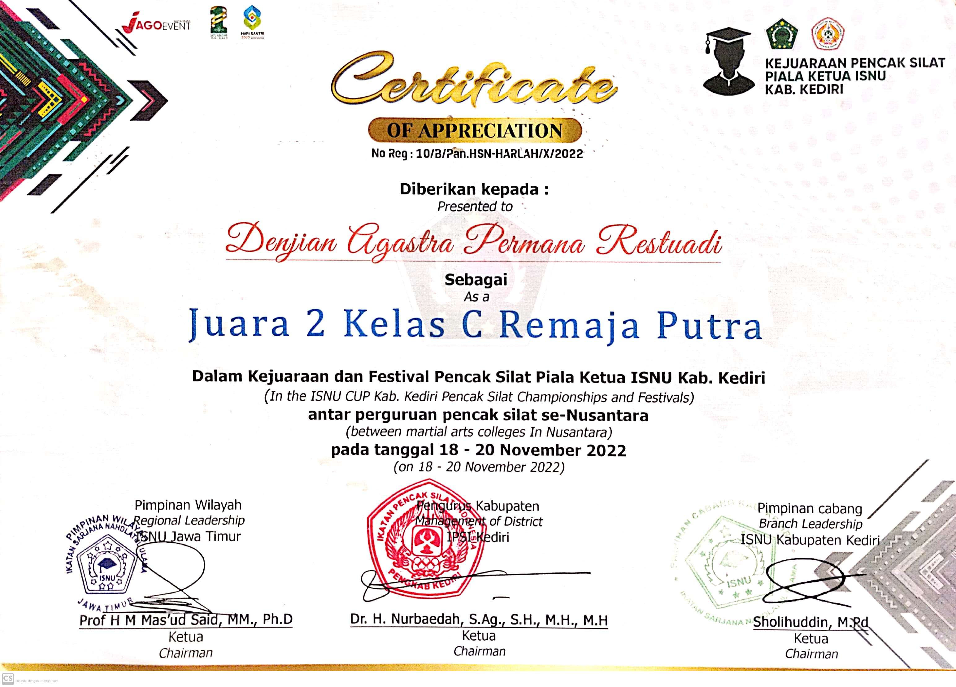 JUARA 2 PENCAK SILAT KELAS C REMAJA PUTRA 