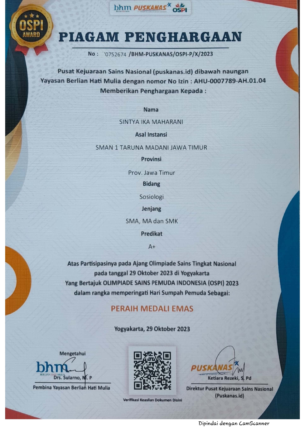 Peraih Medali Perak bidang Sosiologi tingkat Nasional pada Olimpiade Sains Pemuda Indonesia