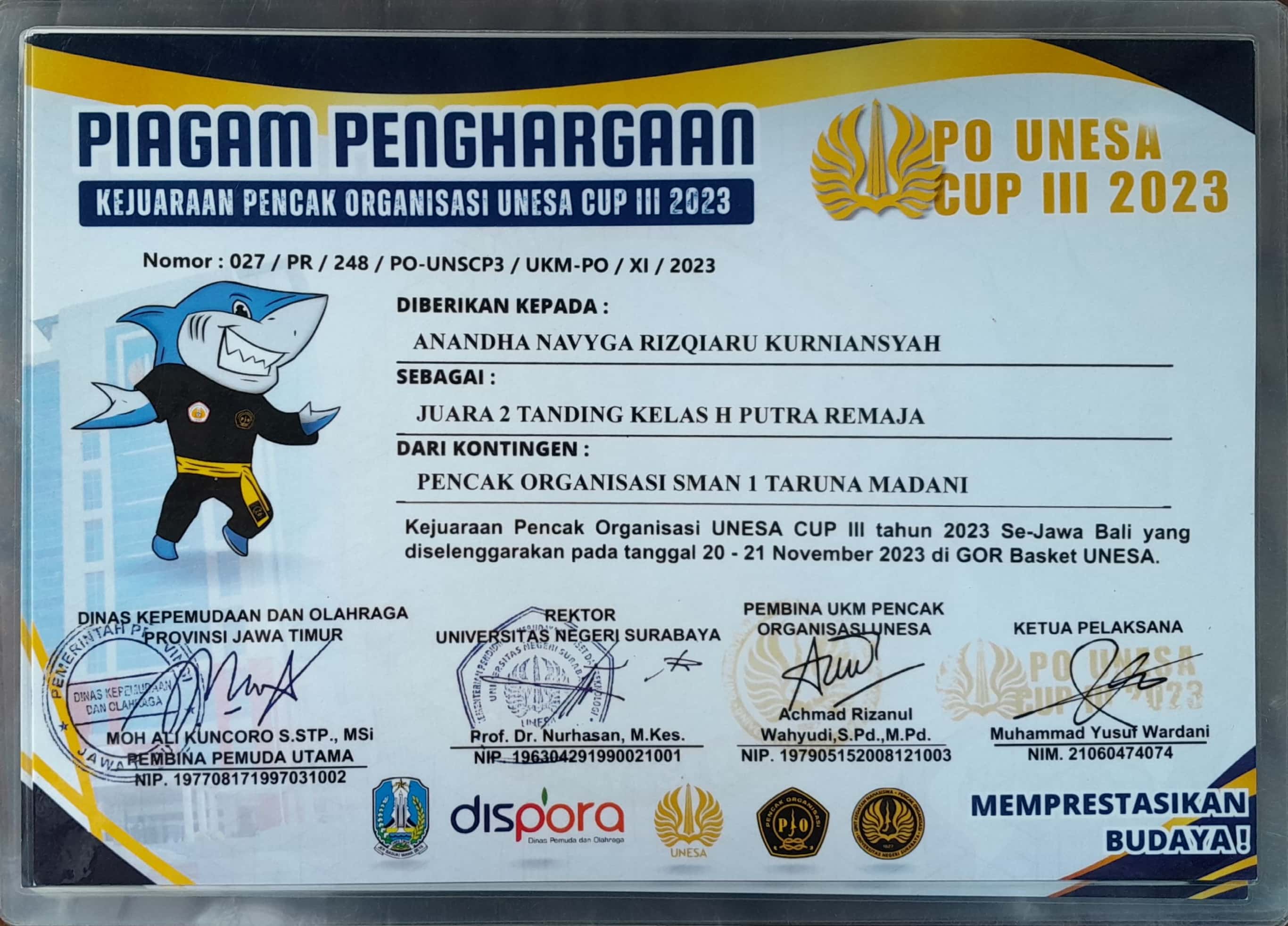 Juara 2 Tanding Kelas H Putra Remaja dalam Kejuaraan Pencak Organisasi UNESA Cup III tahun 2023 Se-Jawa Bali