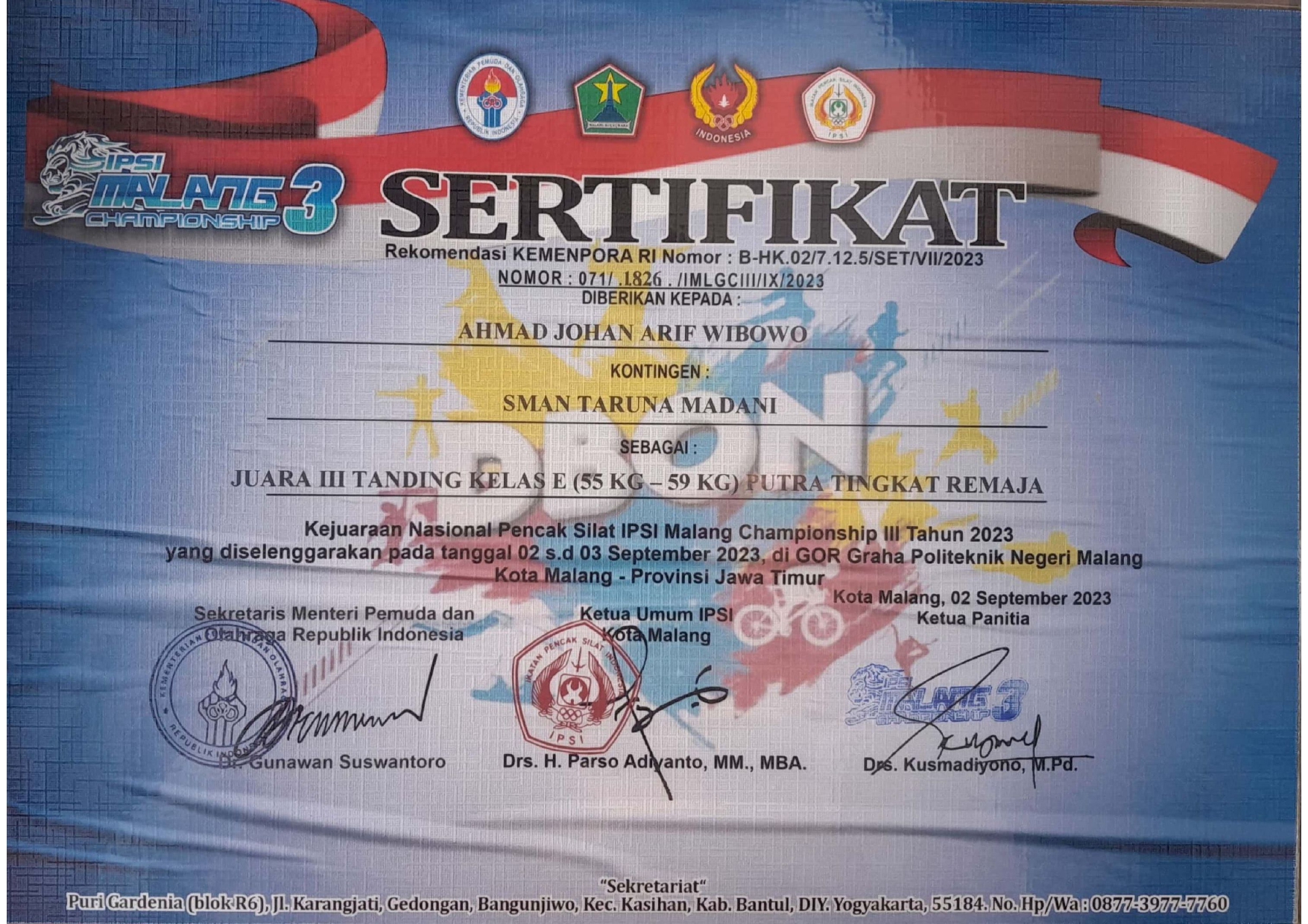 Juara III Tanding Kelas E Putra Tingkat Remaja dalam Kejuaraan Nasional Pencak Silat 
