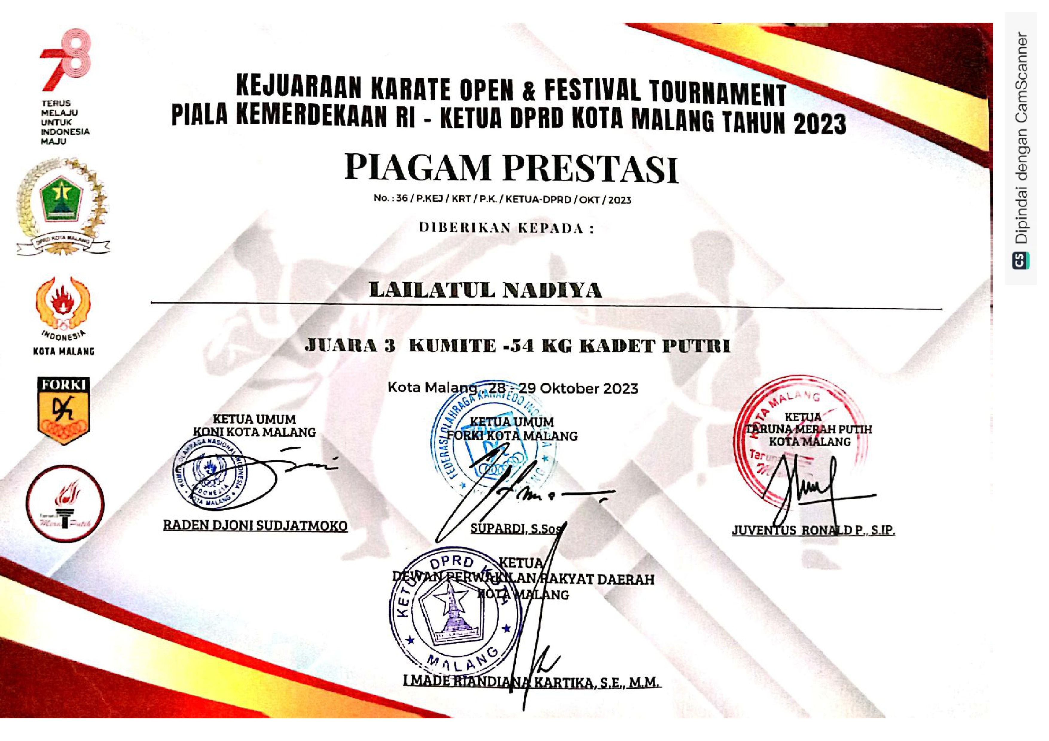 Juara 3 kumite - 54 KG KADET putri pada Kejuaraan Festival dan open tournament Piala Kemerdekaan RI Ketua DPRD Kota Malang Tahun 2023.