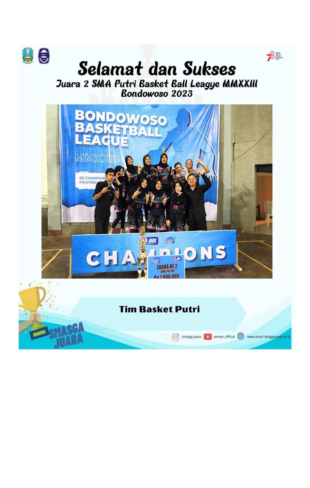 JUARA 2 SMA PUTRI BASKET BALL LEAGUE MMXXIII BONDOWOSO 2023 