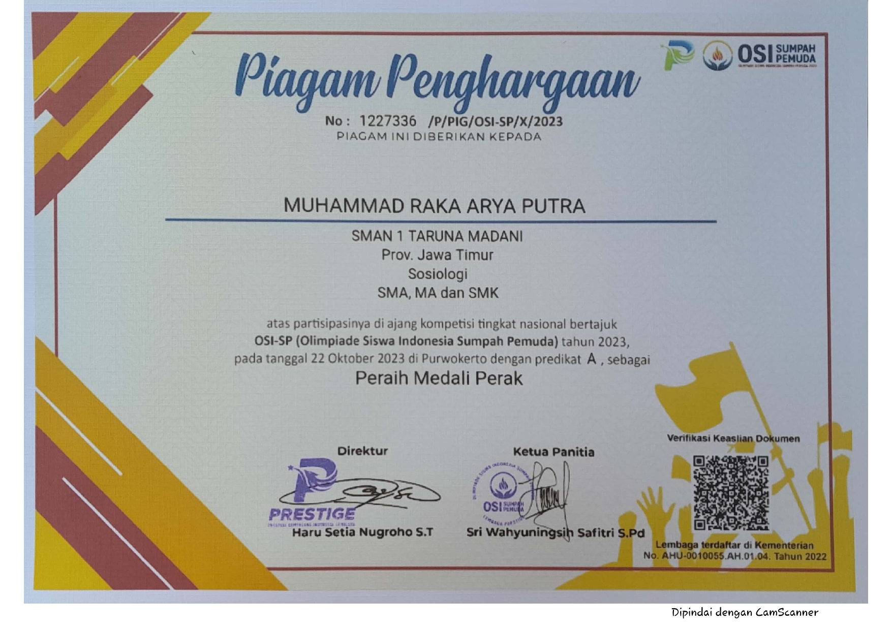 Peraih Medali Perak bidang Sosiologi tingkat Nasional dalam Olimpiade Siswa Indonesia Sumpah Pemuda
