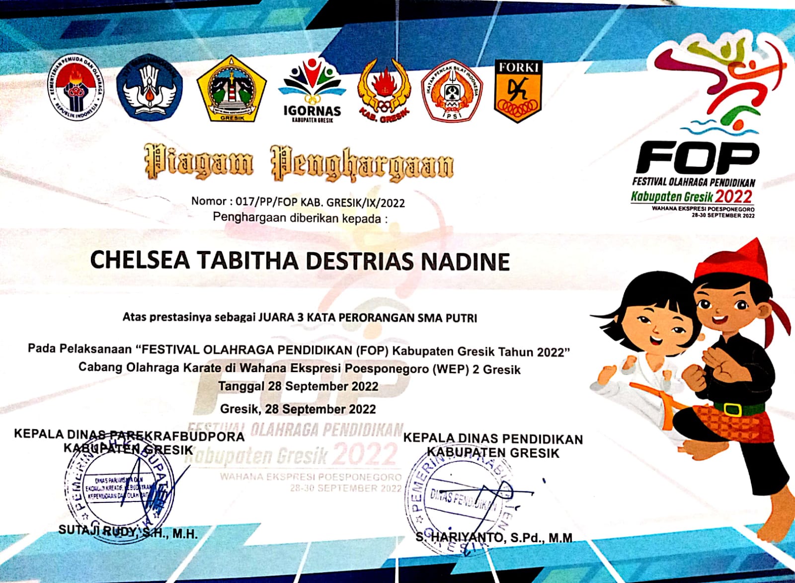 Juara 3 Karate Kata Perorangan PI - Festival Olahraga Pendidikan Kabupaten Gresik 2022