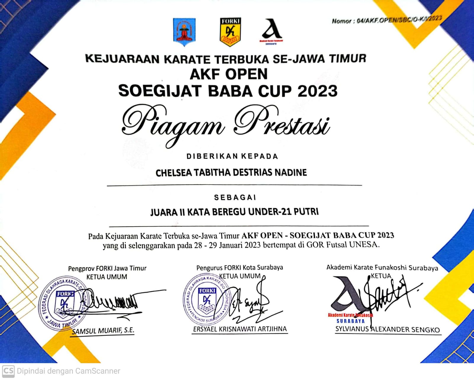 Juara 2 Kata Beregu Under  -21 Putri AKF Open Soegijat Baba Cup 2023