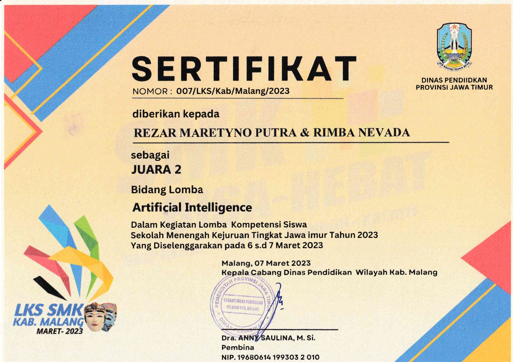 Juara 1 Bidang Lomba Artificial Intellegence dalam LKS Tingkat Kabupaten Malang