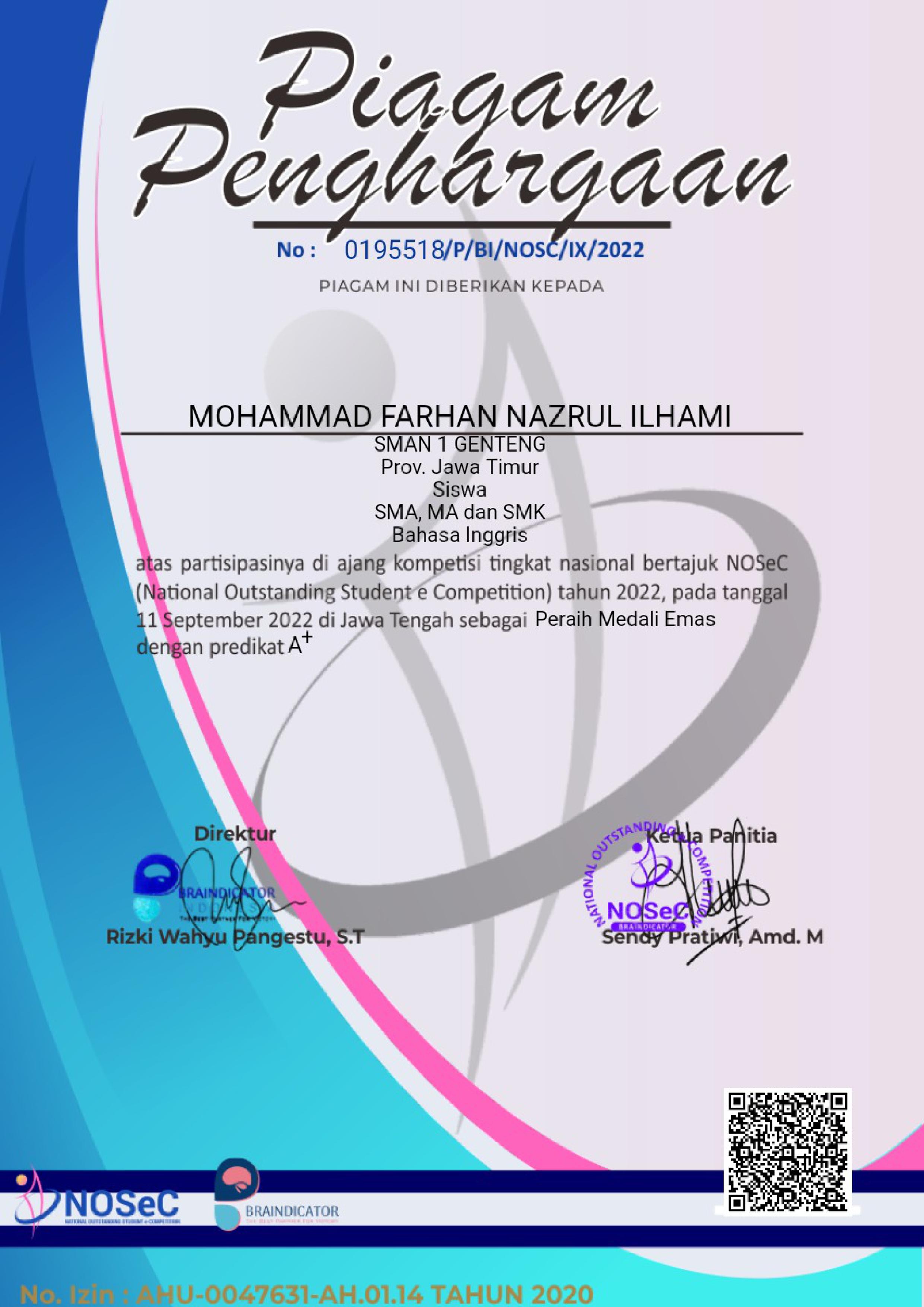 MEDALI EMAS BAHASA INGGRIS \'NATIONAL OUTSTANDING STUDENT e-COMPETITION\' (NoSeC)