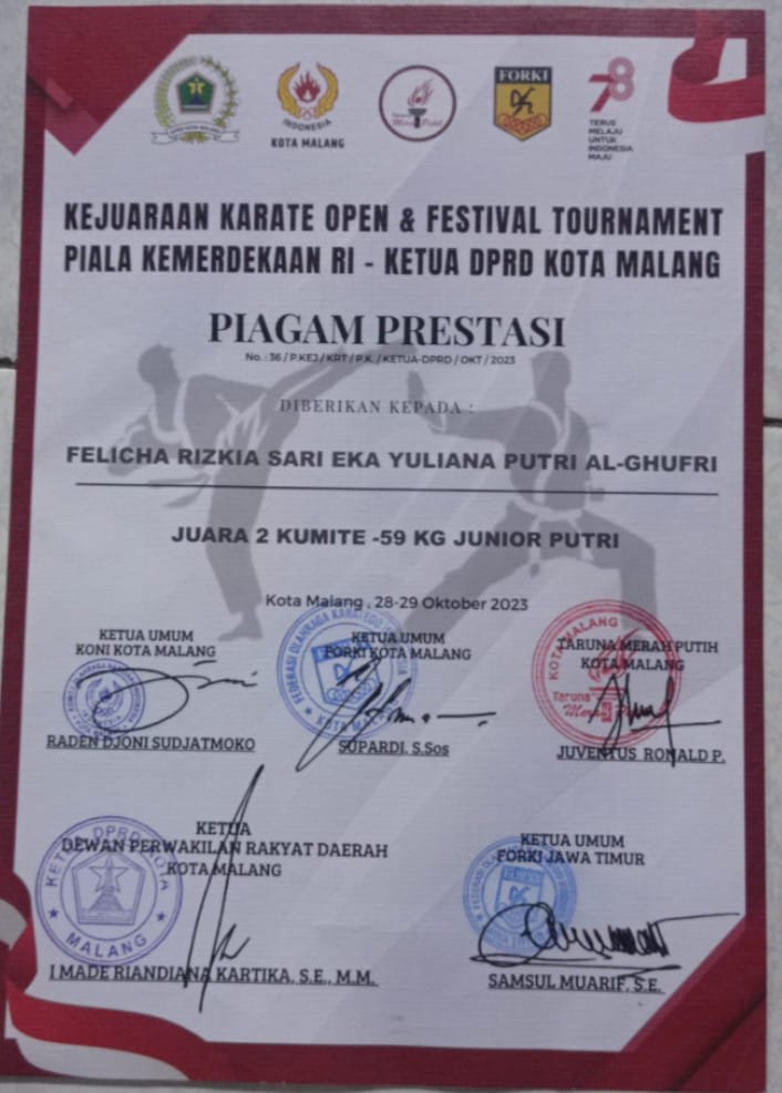 Juara 2 Kejuaraan Karate Open dan Festival Tournament Piala Ketua DPRD Kota Malang