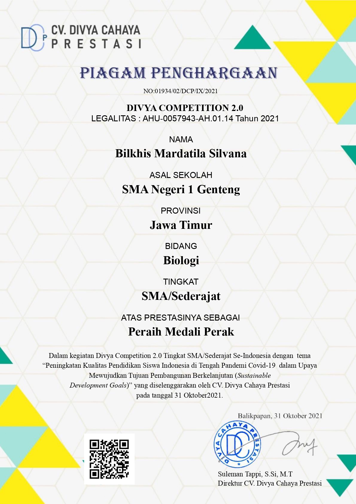 MEDALI PERAK DIVYA COMPETITION 2.0 BIDANG BIOLOGI