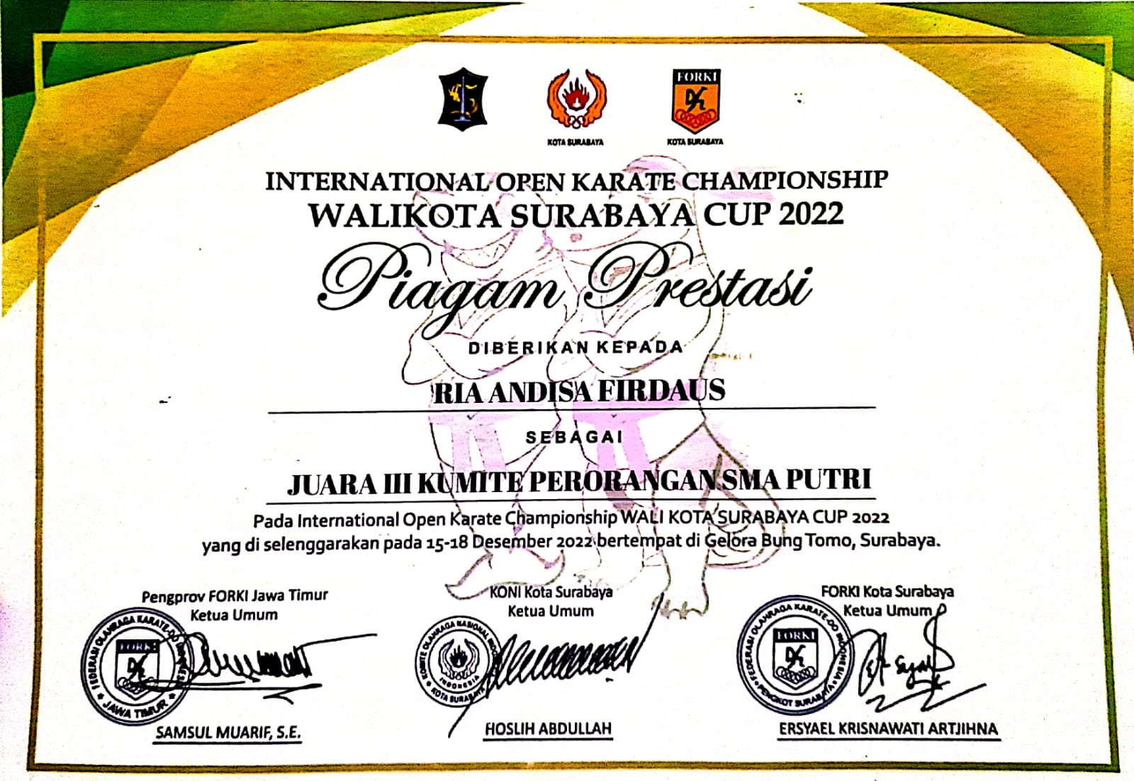Juara 3 Kumite Perorangan SMA Putri - International Open Karate Championship Walikota Surabaya