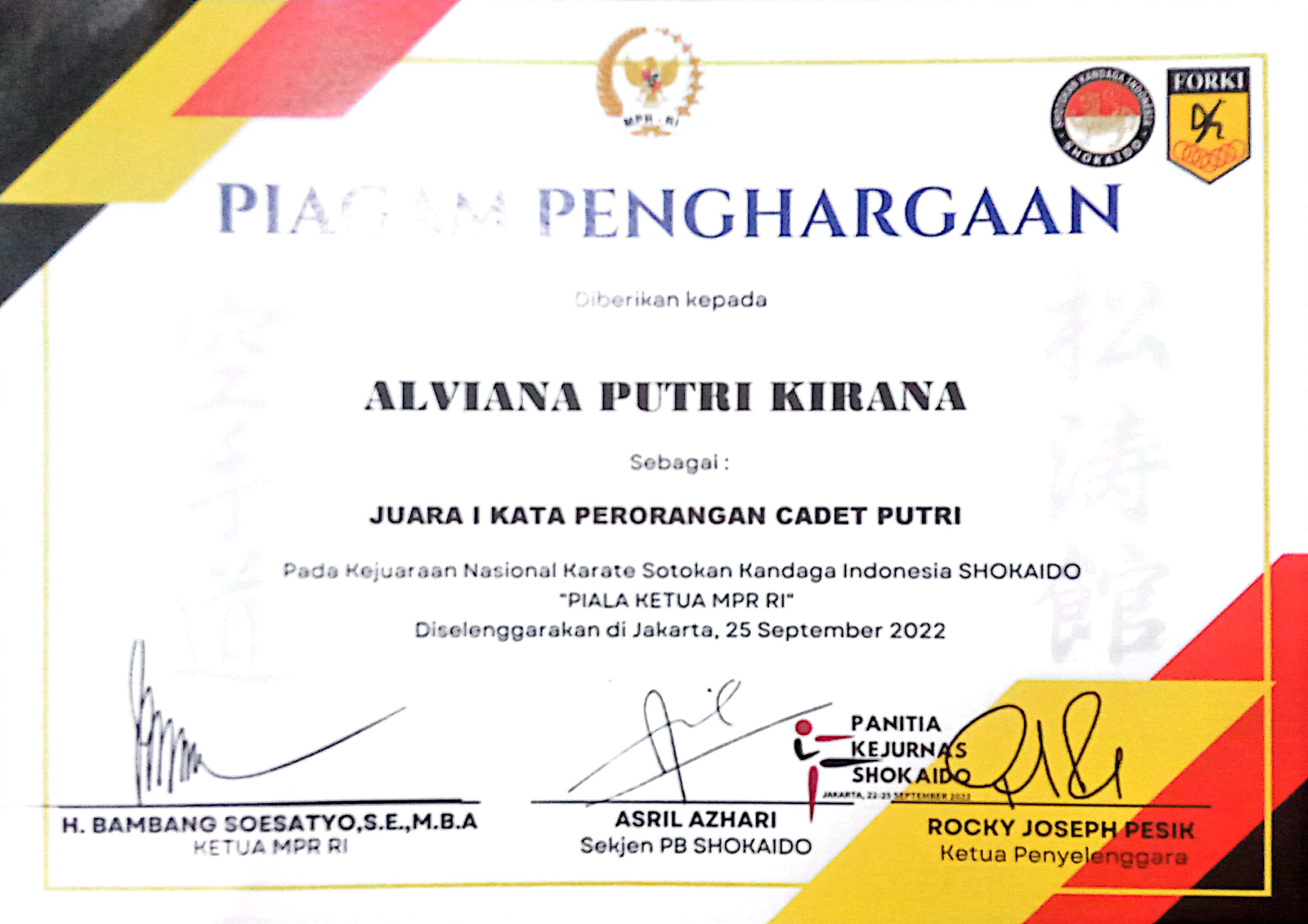 Kata Perorangan Cadet Putri Kejurnas Shokaido Piala Ketua MPR RI