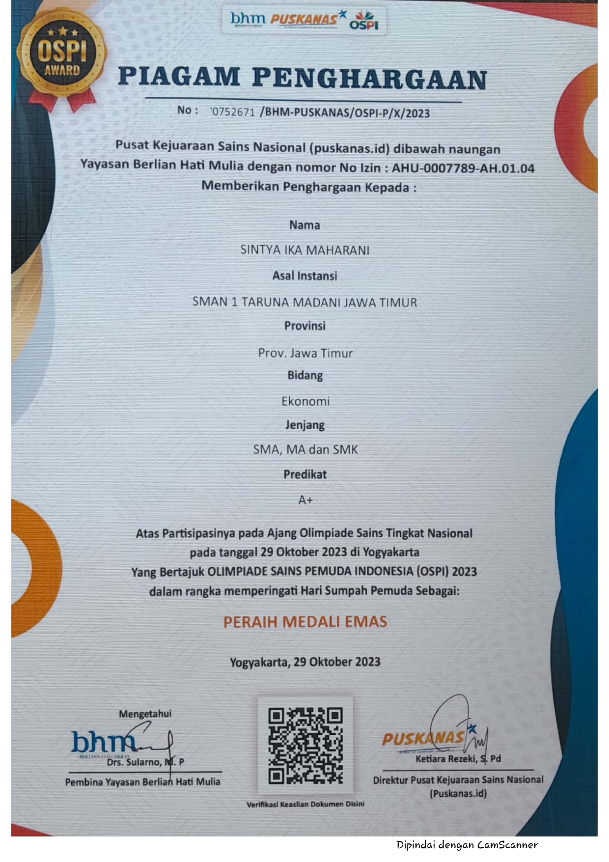 Peraih Medali Perak bidang Ekonomi tingkat Nasional pada Olimpiade Sains Pemuda Indonesia