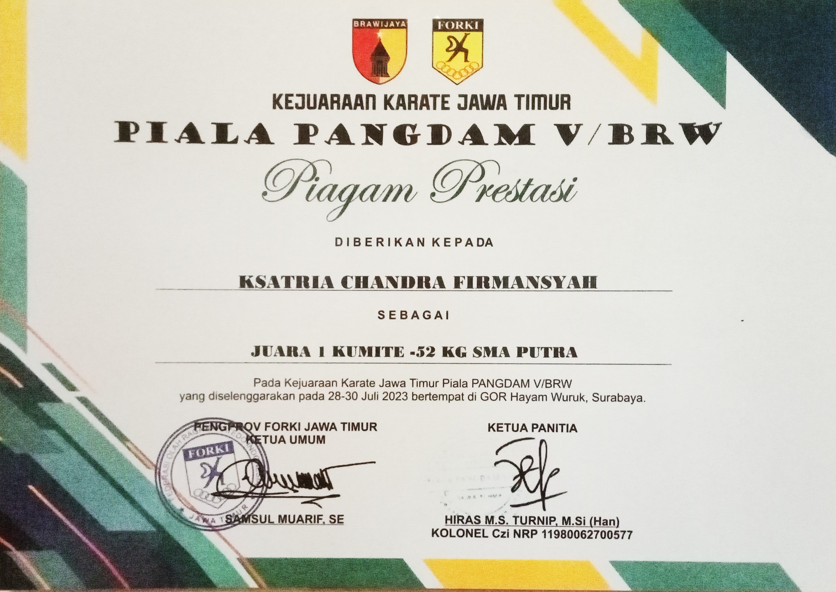 JUARA 1 KARATE KUMITE -52KG SMA PUTRA