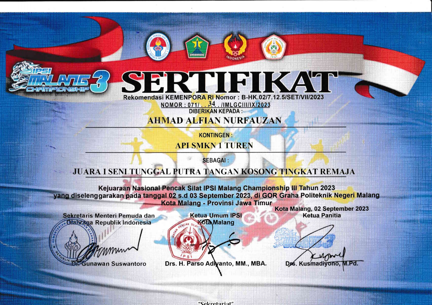 Juara 1 Seni Tunggal Putra Dalam Kejuaraan Nasional Pencak Silat IPSI Malang Tahun 2023 