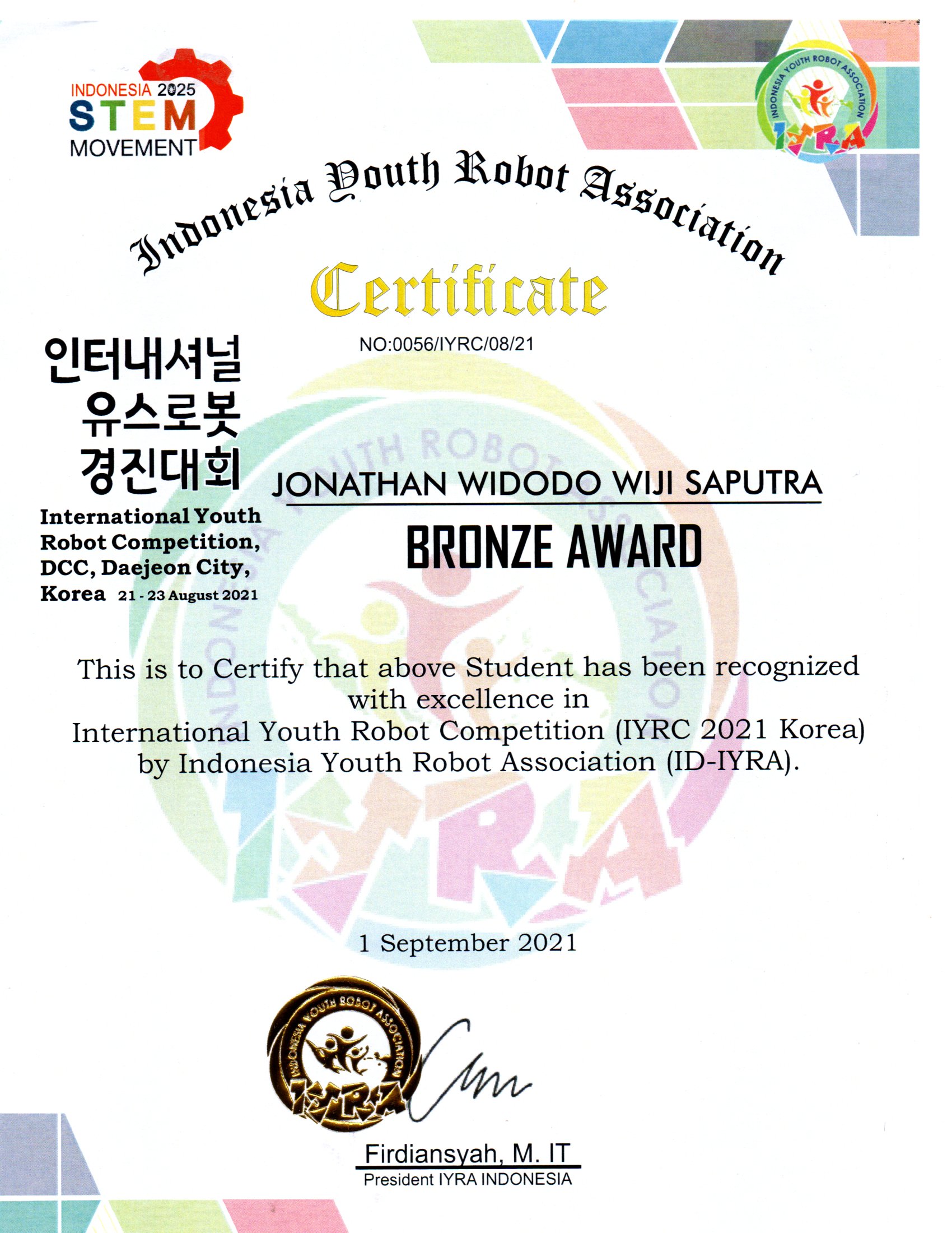 Bronze Medal International Youth Robot Competition IYYRC Korea 2021