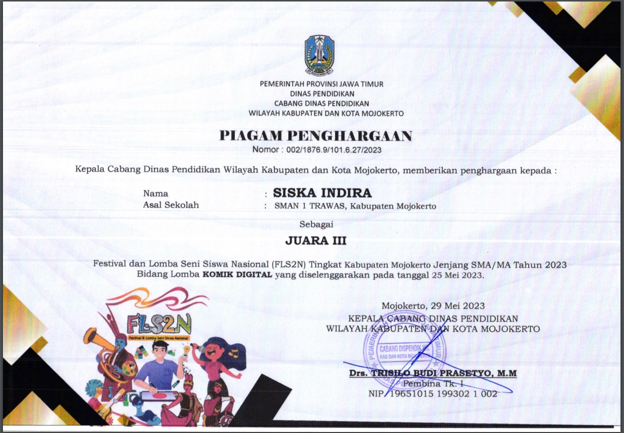 Juara 3 Festival dan Lomba Seni Siswa Nasioal (FLS2N) Bidang Lomba Komik Digital Tingkat Kabupaten Mojokerto Jenjang SMA/MA Tahun 2023