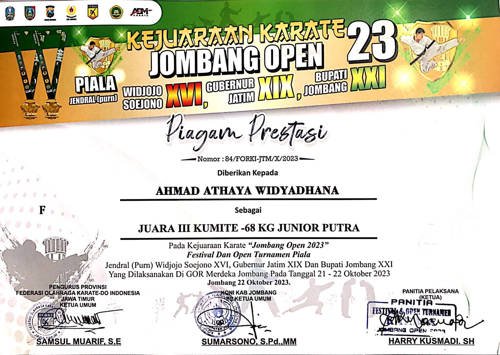 Kejuaraan karate KUMITE -68 KG JUNIOR PUTRA JOMBANG OPEN