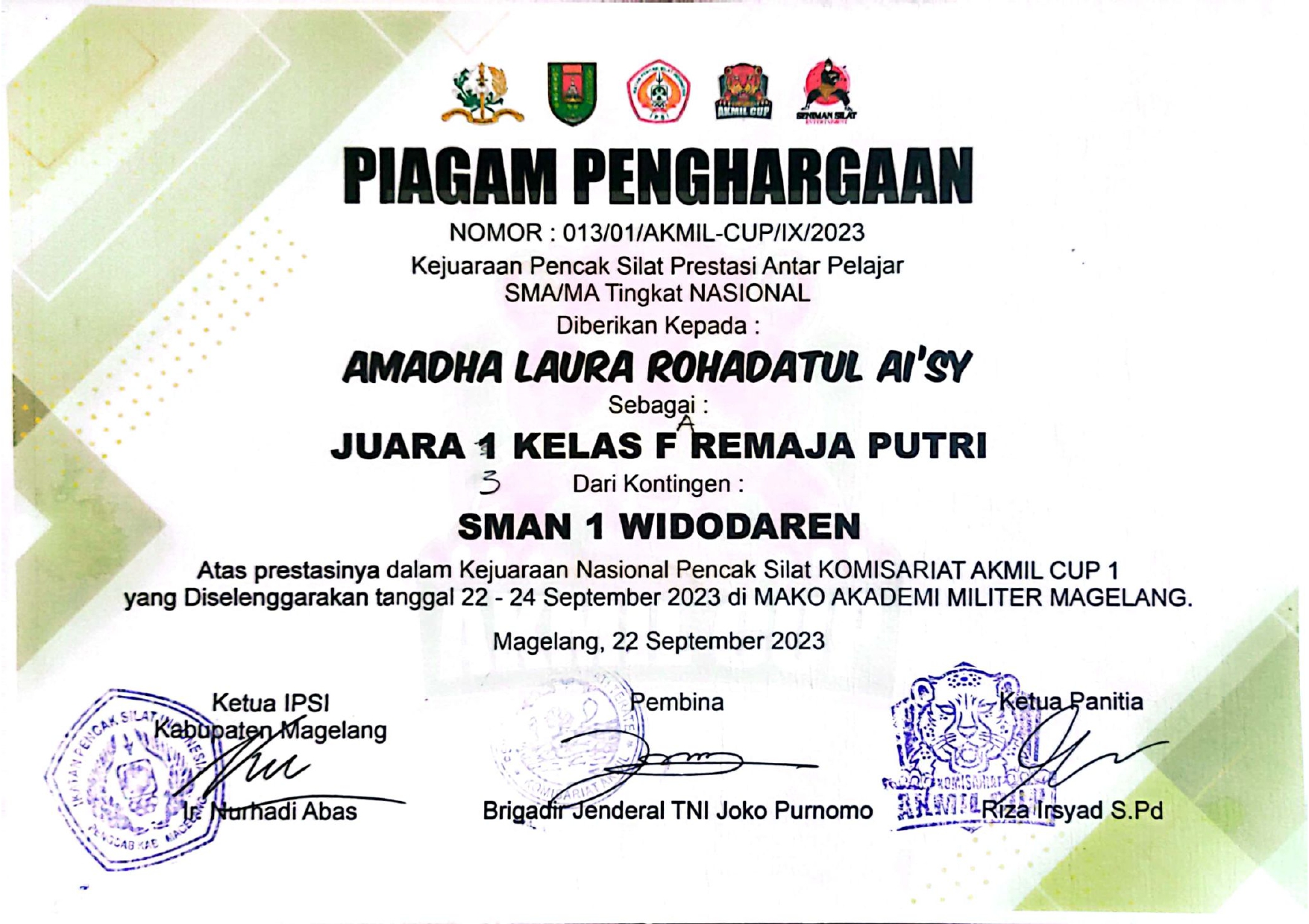 KEJUARAAN PENCAK SILAT PRESTASI ANTAR PELAJAR SMA/MA KOMISARIAT AKMIL CUP 1