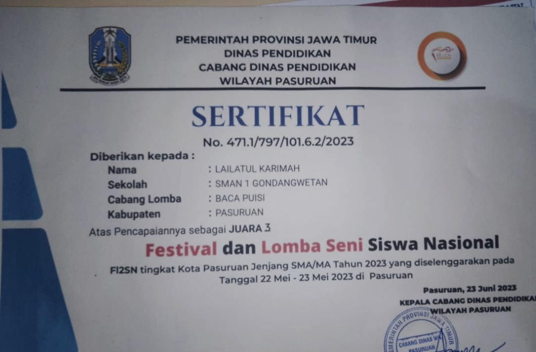 JUARA 3 LOMBA FESTIVAL DAN LOMBA SENI SISWA NASIONAL