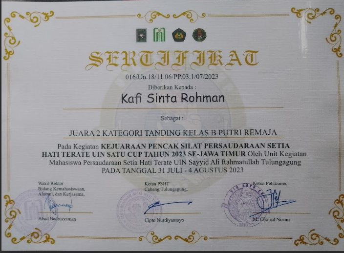 Kejuaraan Pencak Silat Persaudaraan Setia Hati Terate UIN SATU CUP 2023 Se-Jawa Timur Kategori Tanding Kelas B Putri Remaja