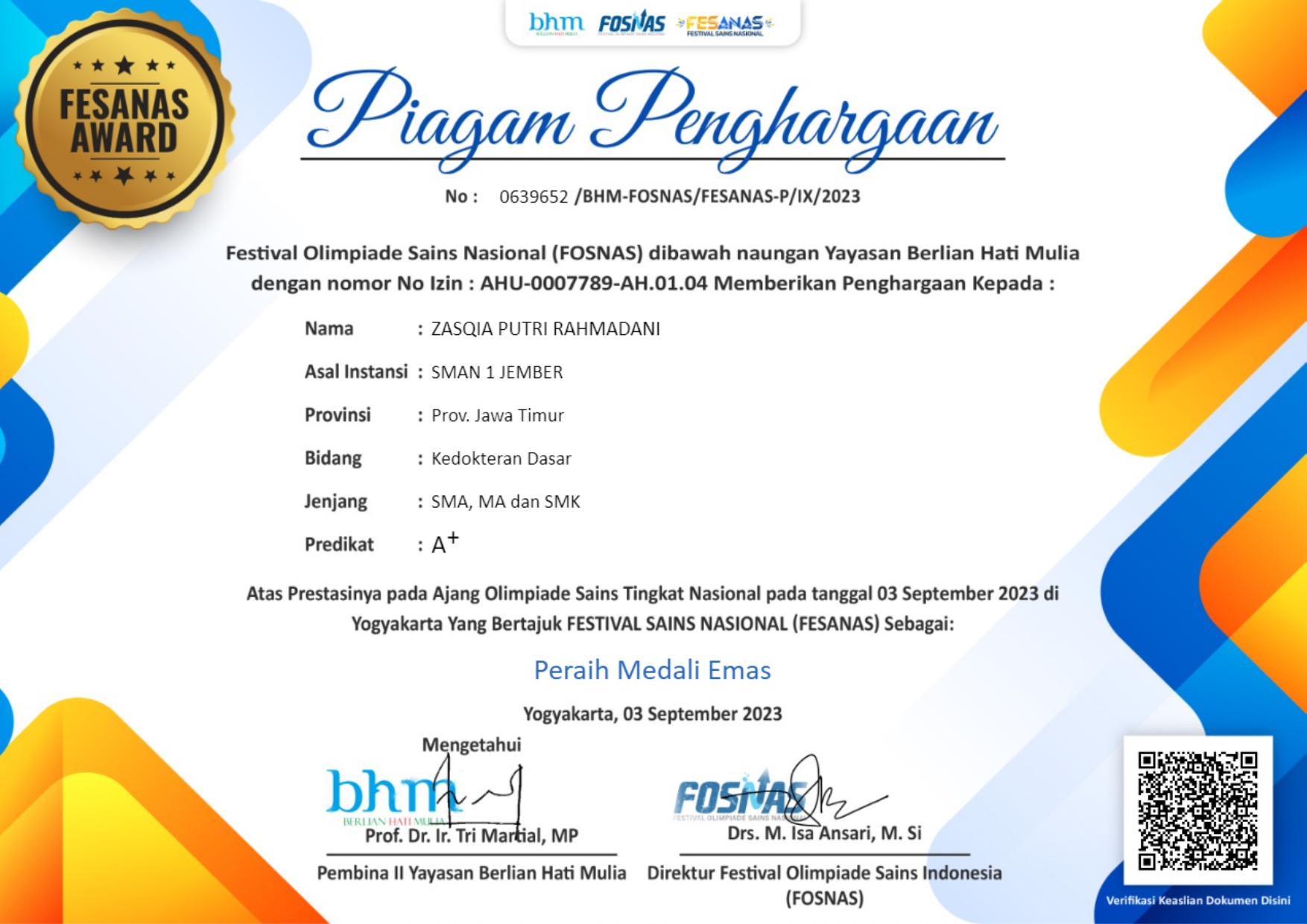 Festival Sains Nasional (FESANAS) bidang Kedokteran Dasar