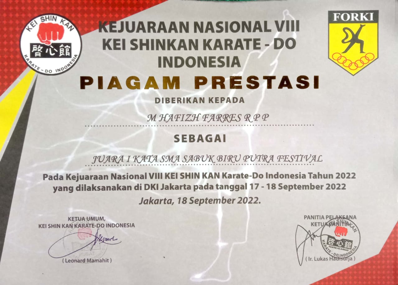 Juara 1  Kata SMA Sabuk Biru Putra Festival - Kejuaraan Nasional VIII KEI SHIN KAN Karate Do