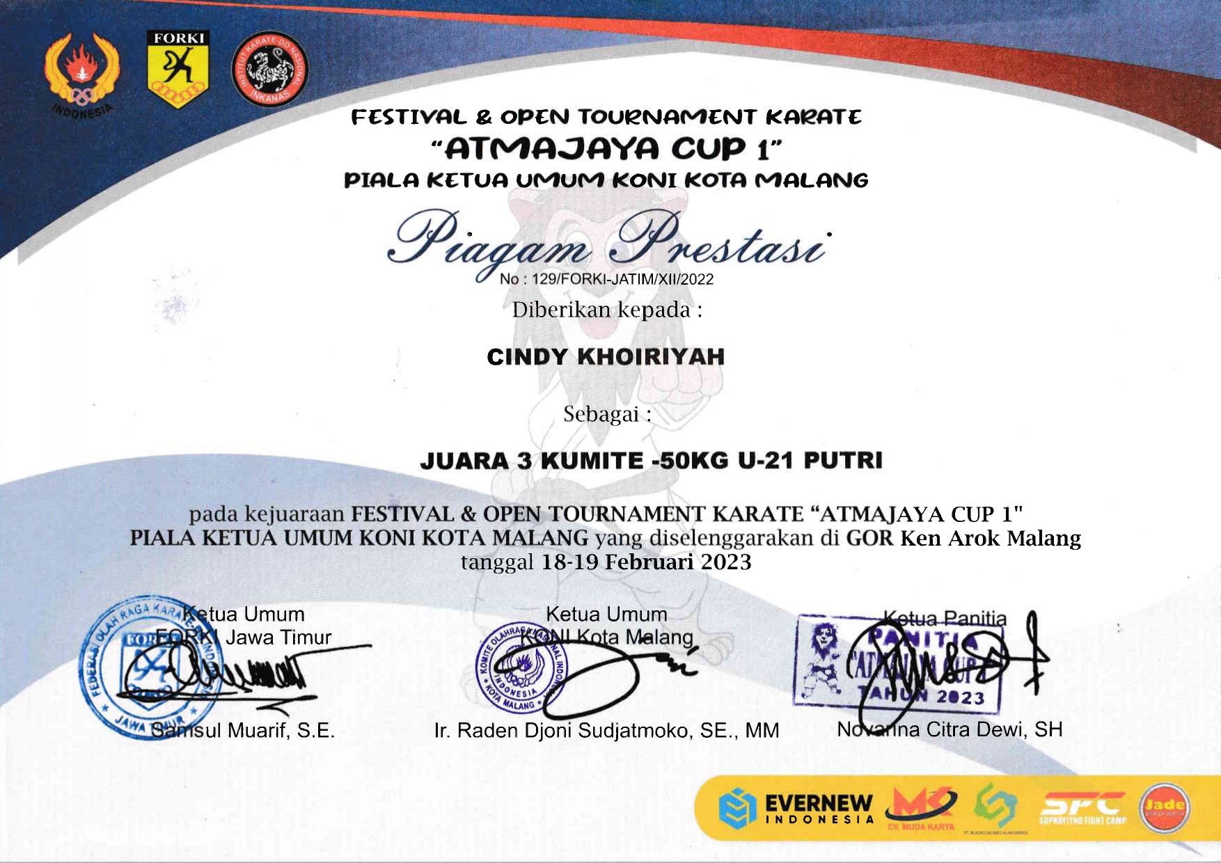 Juara 3 Kumite -50 Kg Under 21 Putri Kejuaraan Festival & Open Tournament Karate â€œAtmajaya Cup 1â€ Piala Ketua Umum Kota Malang di GOR Ken Arok Malang