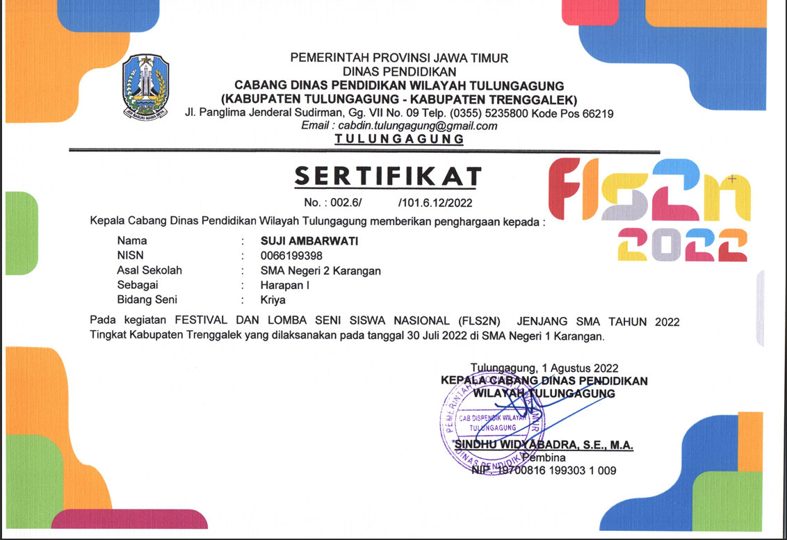 FESTIVAL DAN LOMBA SENI SISWA NASIONAL (FLS2N) JENAJNAG SMA TAHUN 2022 TINGKAT KABUPATEN BIDANG SENI KRIYA