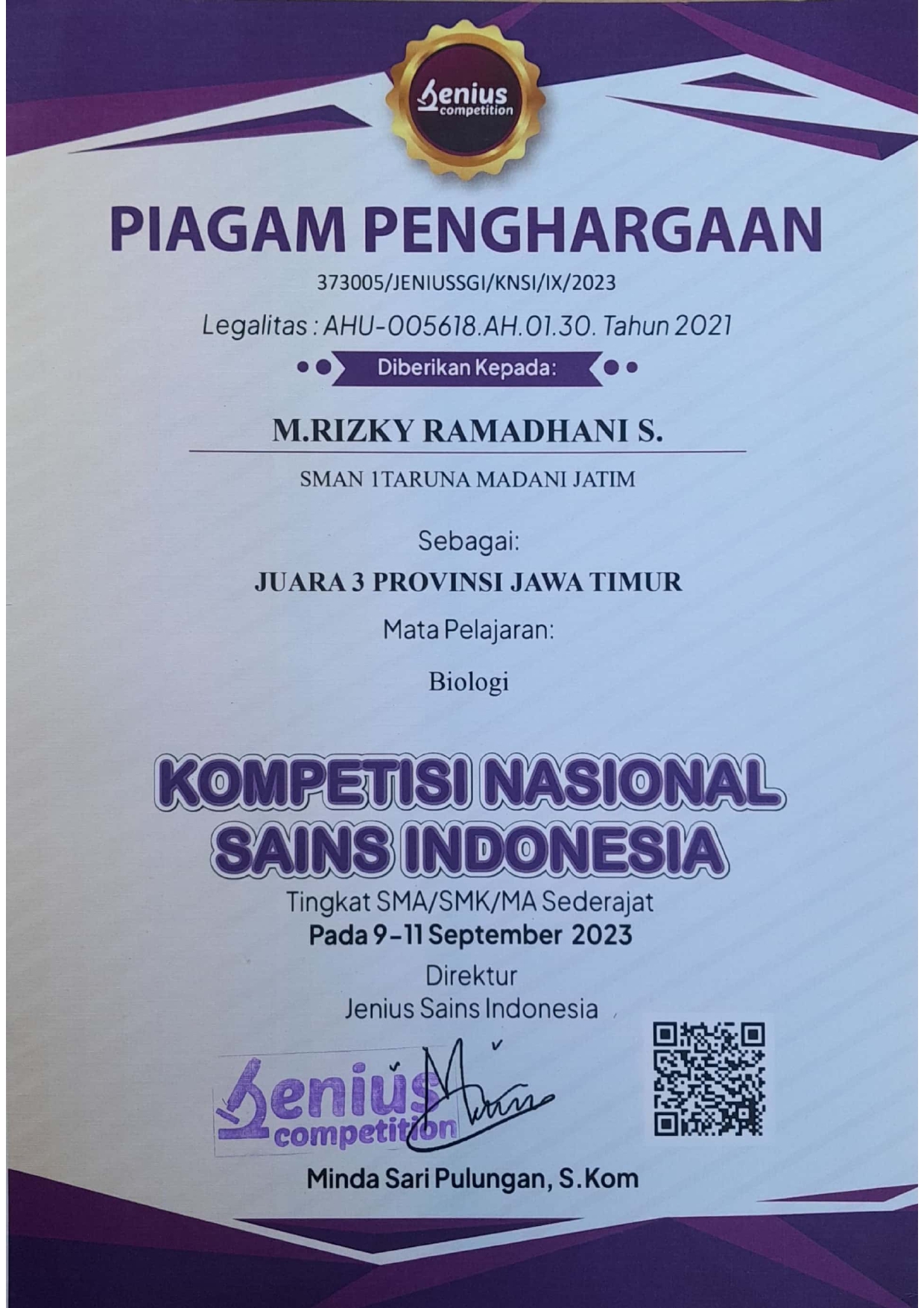 Juara 3 Provinsi Jawa Timur Mapel Biologi dalam Kompetisi Nasional Sains Indonesia