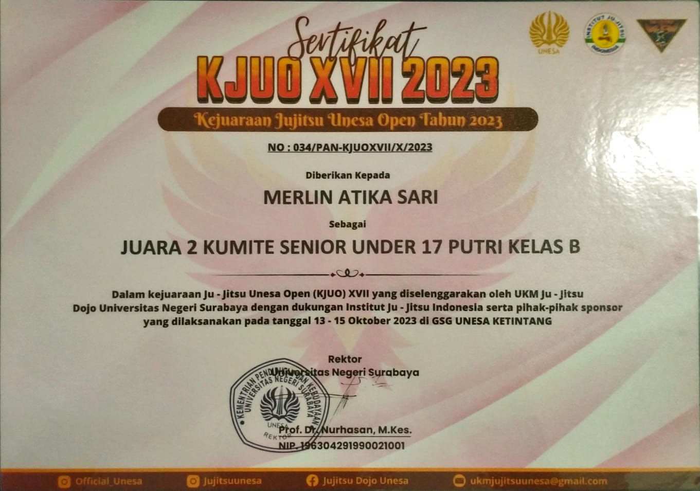 KEJUARAAN JUJITSU UNESA OPEN (KJUO) XVII KATEGORI KUMITE SENIOR UNDER 17 PUTRI KELAS B