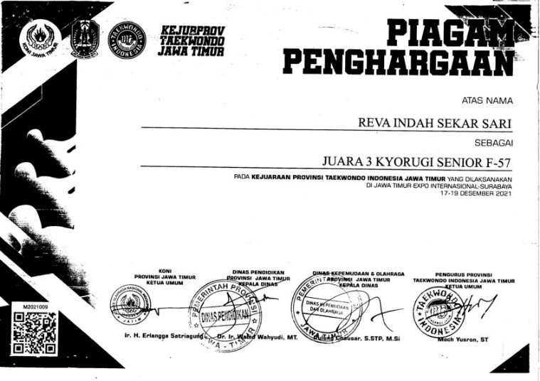 Juara 3 Kyorugi Junior M-78 Pada Kejuaraan Provinsi Taekwondo Indfonesia Jawa Timur Yang Dilaksanakan Di Jawa Timur Expo Internasional Surabaya 17-19 Desember 2021 