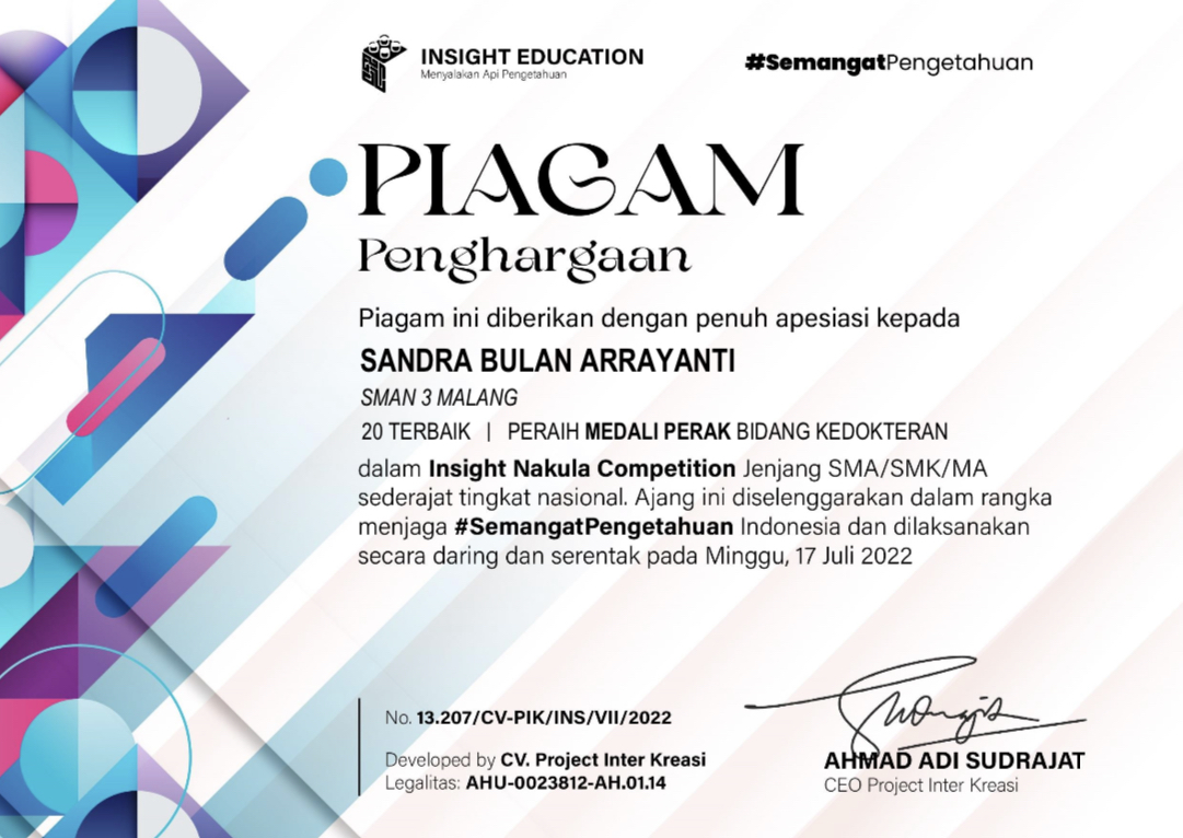 MEDALI PERAK PERINGKAT 12 BIDANG KEDOKTERAN  INSIGHT NAKULA COMPETITION