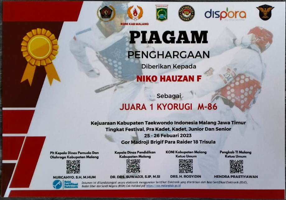 Kejuaraan Kabupaten Taekwondo Indonesia Malang Jawa Timur Tingkat Festival Pra Kadet, Kadet, Junior dan Senior.  Kyorugi M-86