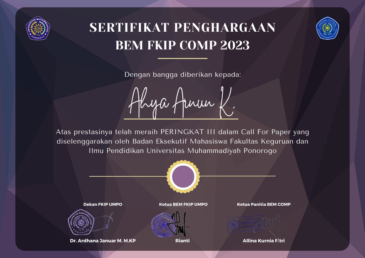 Juara 3 Essay Competition BEM FKIP Universitas Muhammadiyah Ponorogo pelajar SMA sederajat