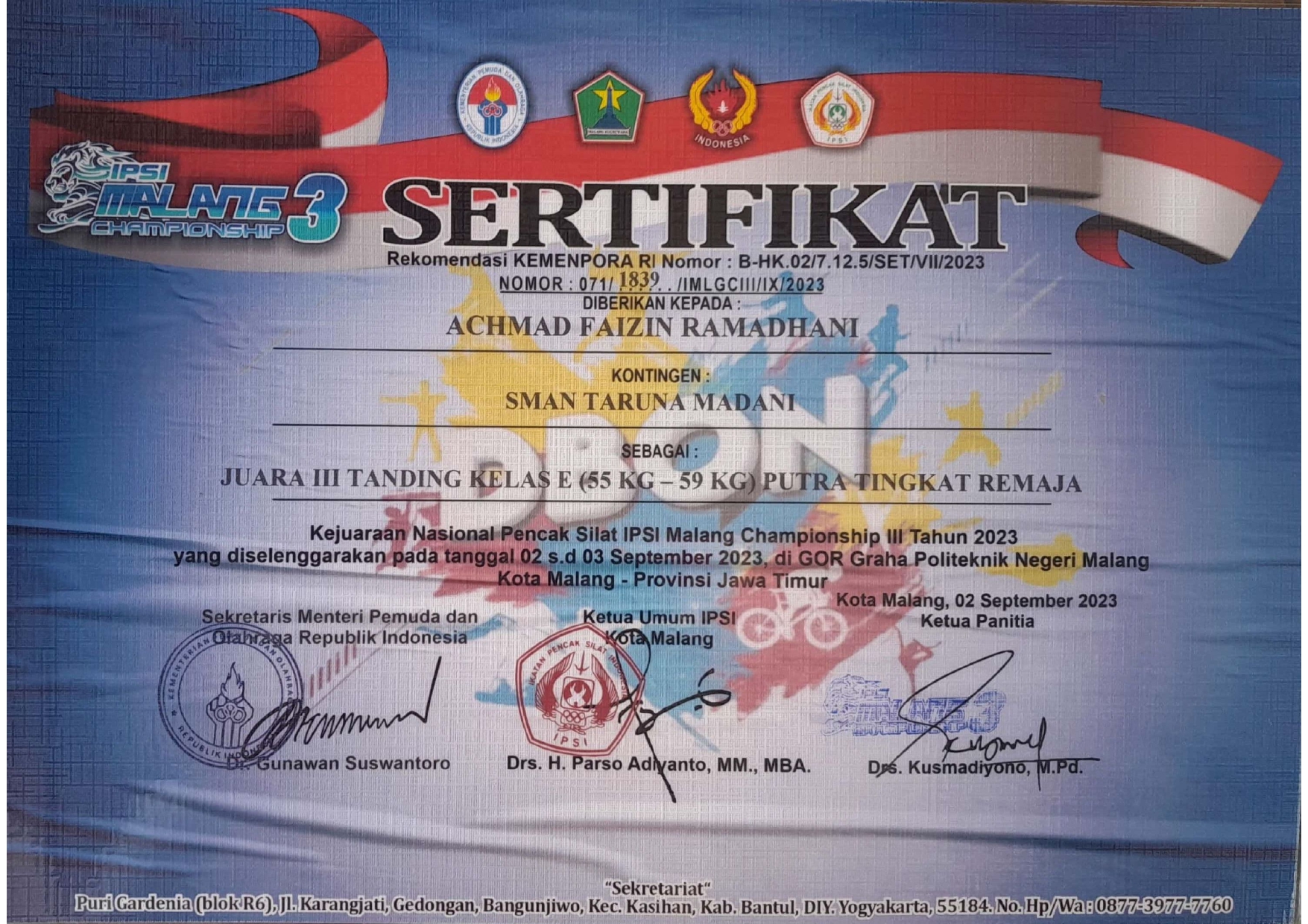 Juara III Tanding Kelas E Putra Tingkat Remaja dalam Kejuaraan Nasional Pencak Silat 