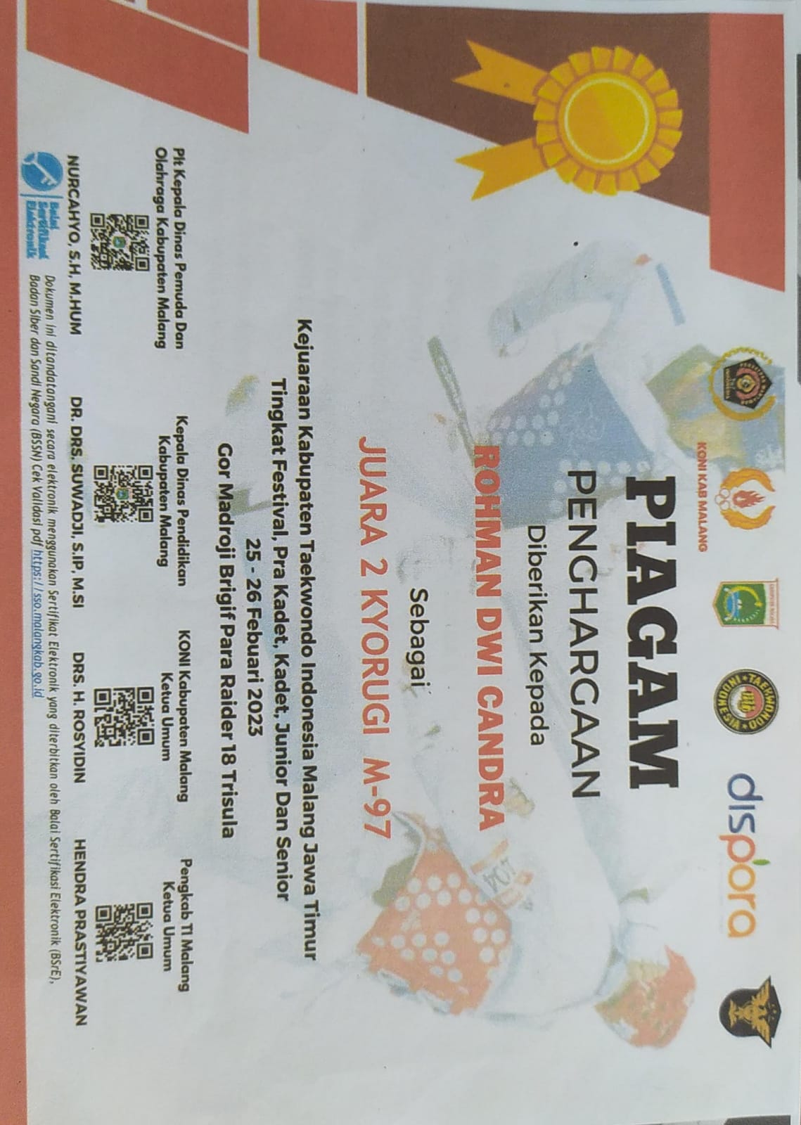Kejuaraan Kabupaten Taekwondo Indonesia Malang Jawa Timur Tingkat Festival, Pra Kadet, Kadet, Junior dan Senior