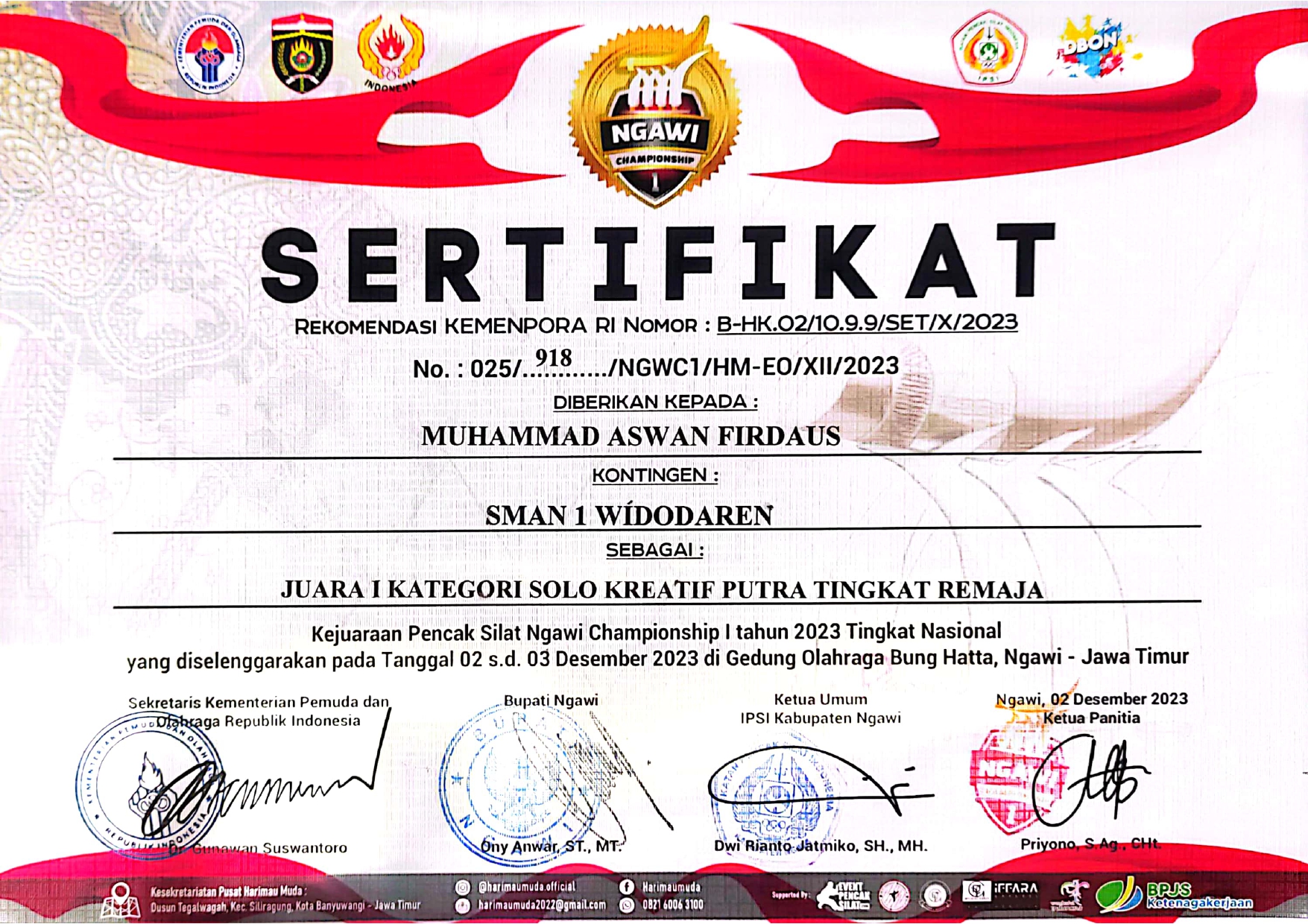 JUARA 1 KATEGORI SOLO KREATIF PUTRA TINGKAT REMAJA KEJUARAAN PENCAK SILAT NGAWI CHAMPIONSHIP I 2023