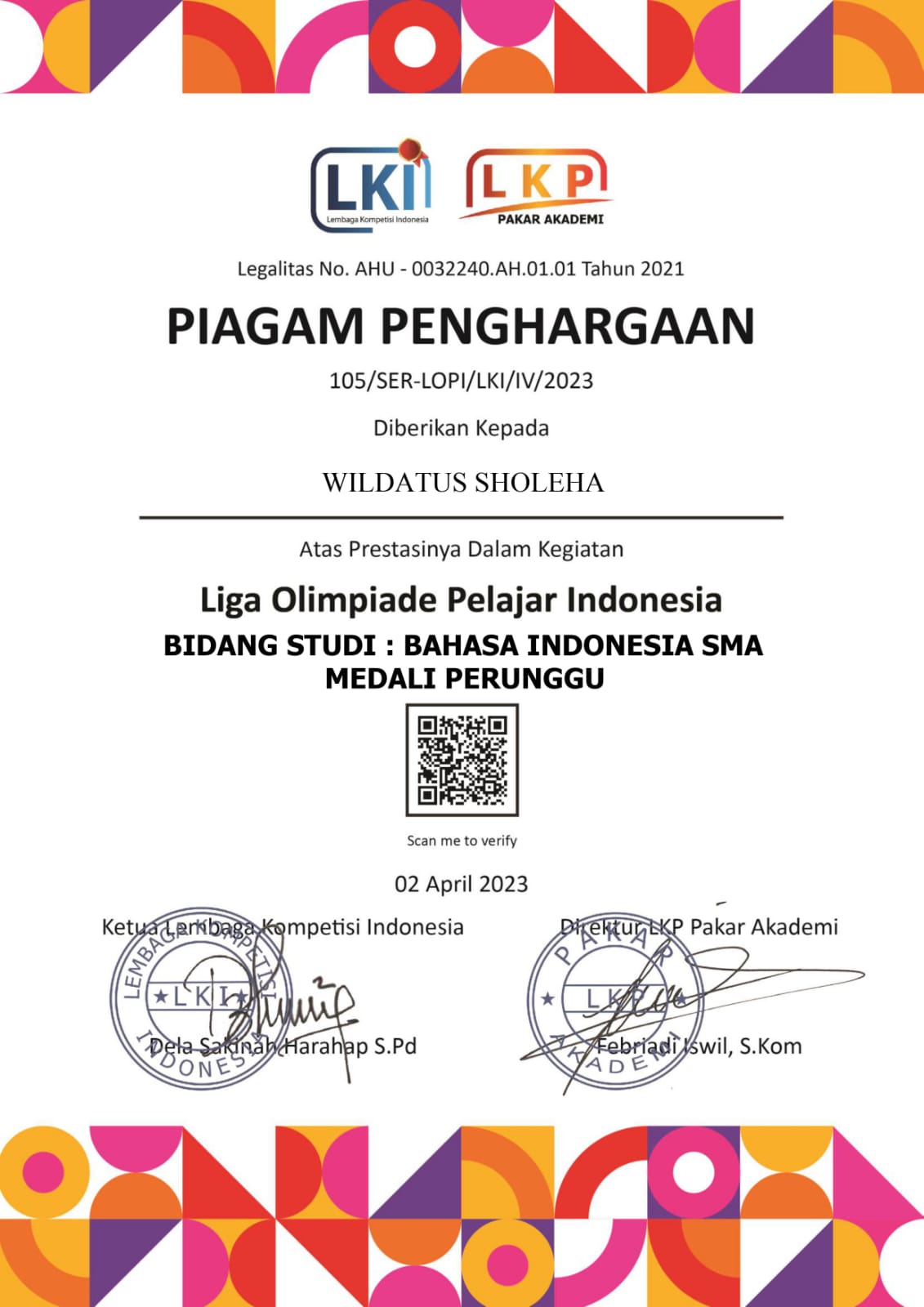 MEDALI PERUNGGU OLIMPIADE BAHASA INDONESIA NASIONAL 