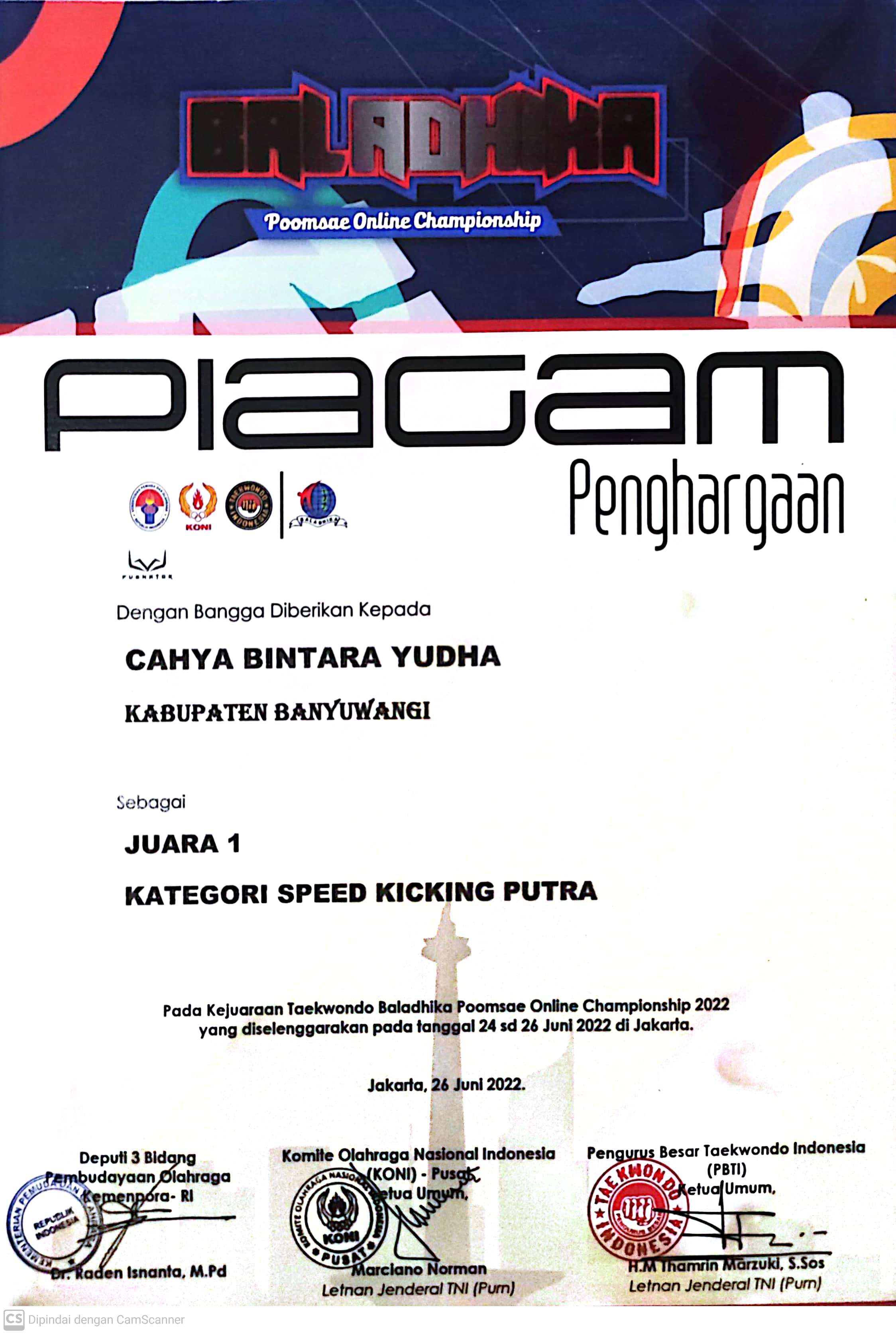 JUARA 1 KATEGORI  SPEED KICKING PUTRA KEJUARAAN TAEKWONDO BALADHIKA POOMSAE CHAMPIONSHIP JAKARTA