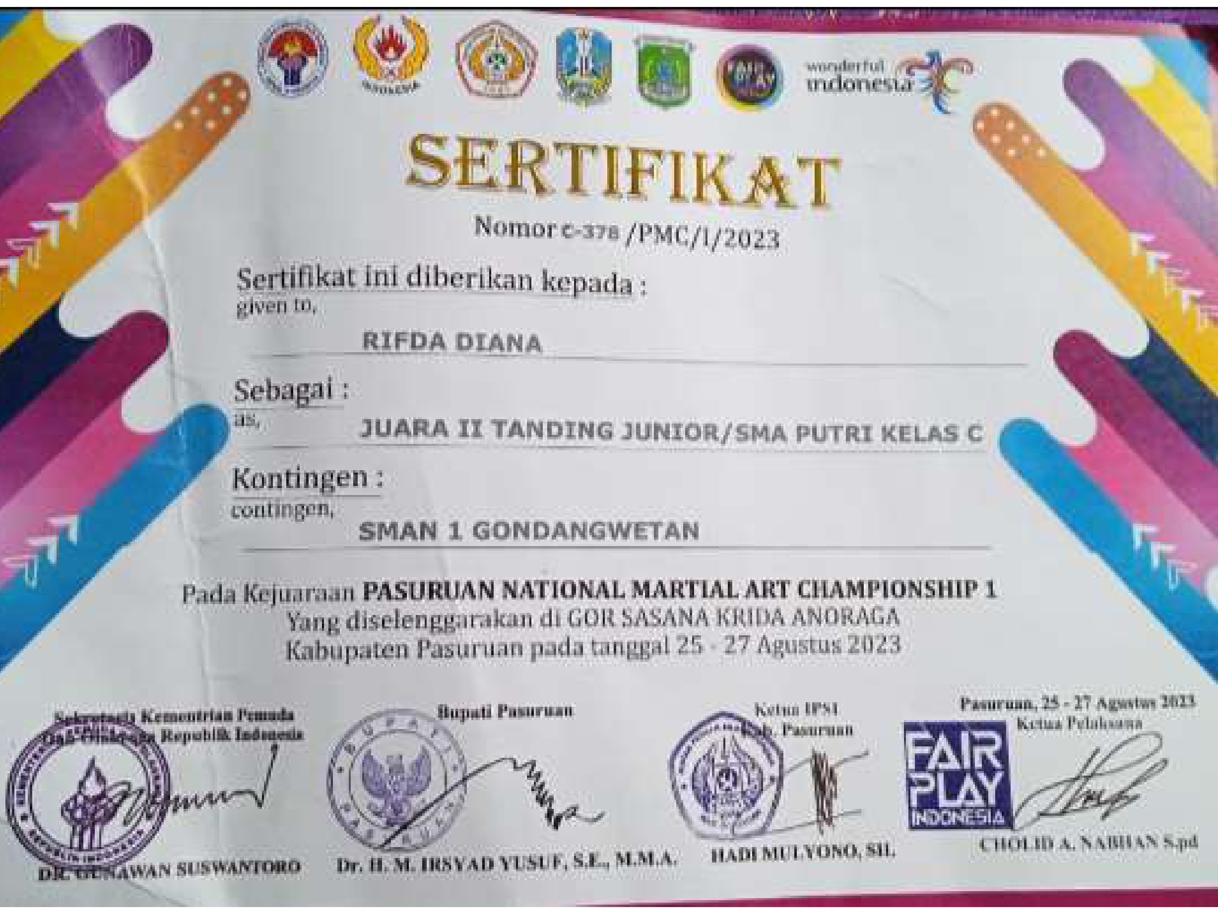 juara 2 tanding junior SMA putri kelas c