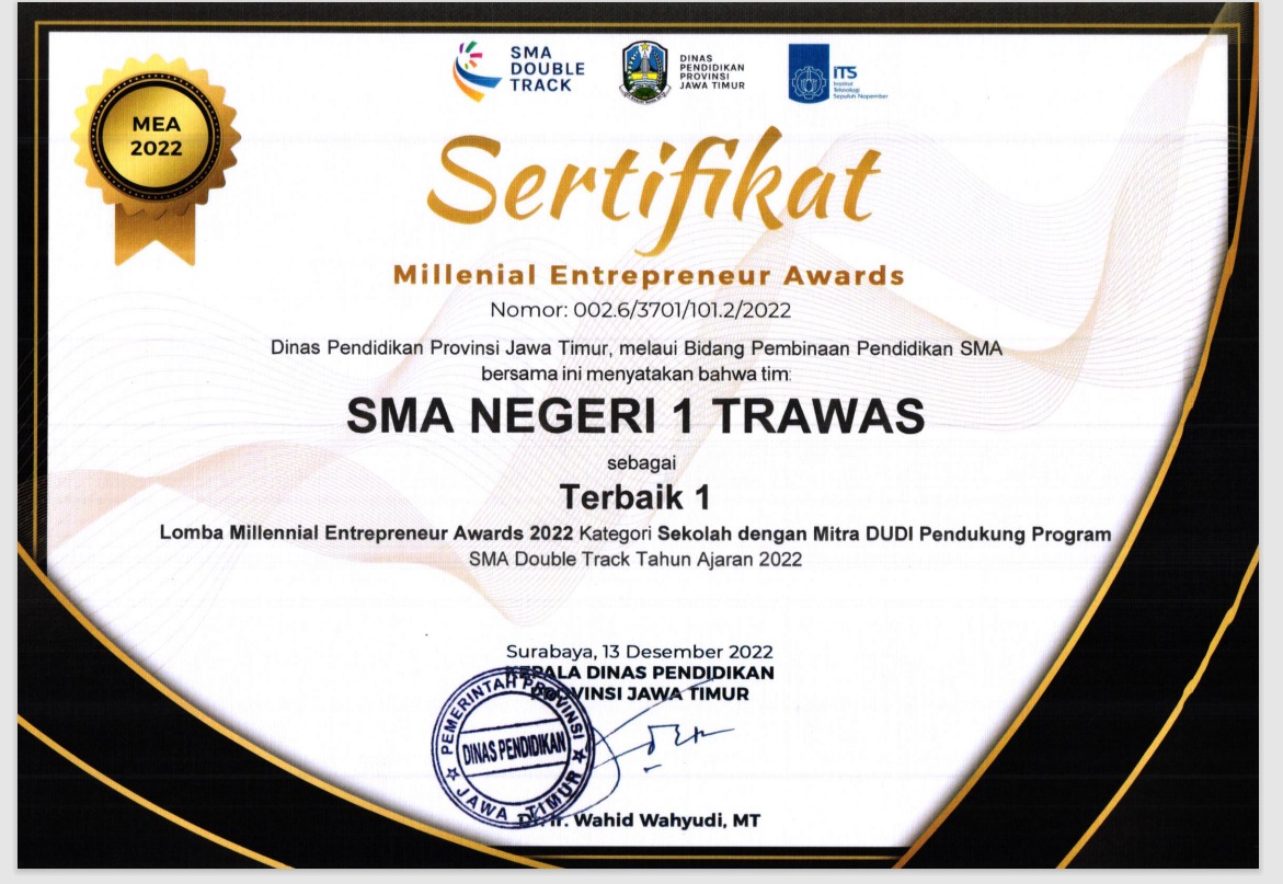 Juara 1 Lomba Millenila Entrepreneur Awards 2022 Kategori Sekolah  dengan Mitra DUDI Pendukung Program SMA Dauble Track 