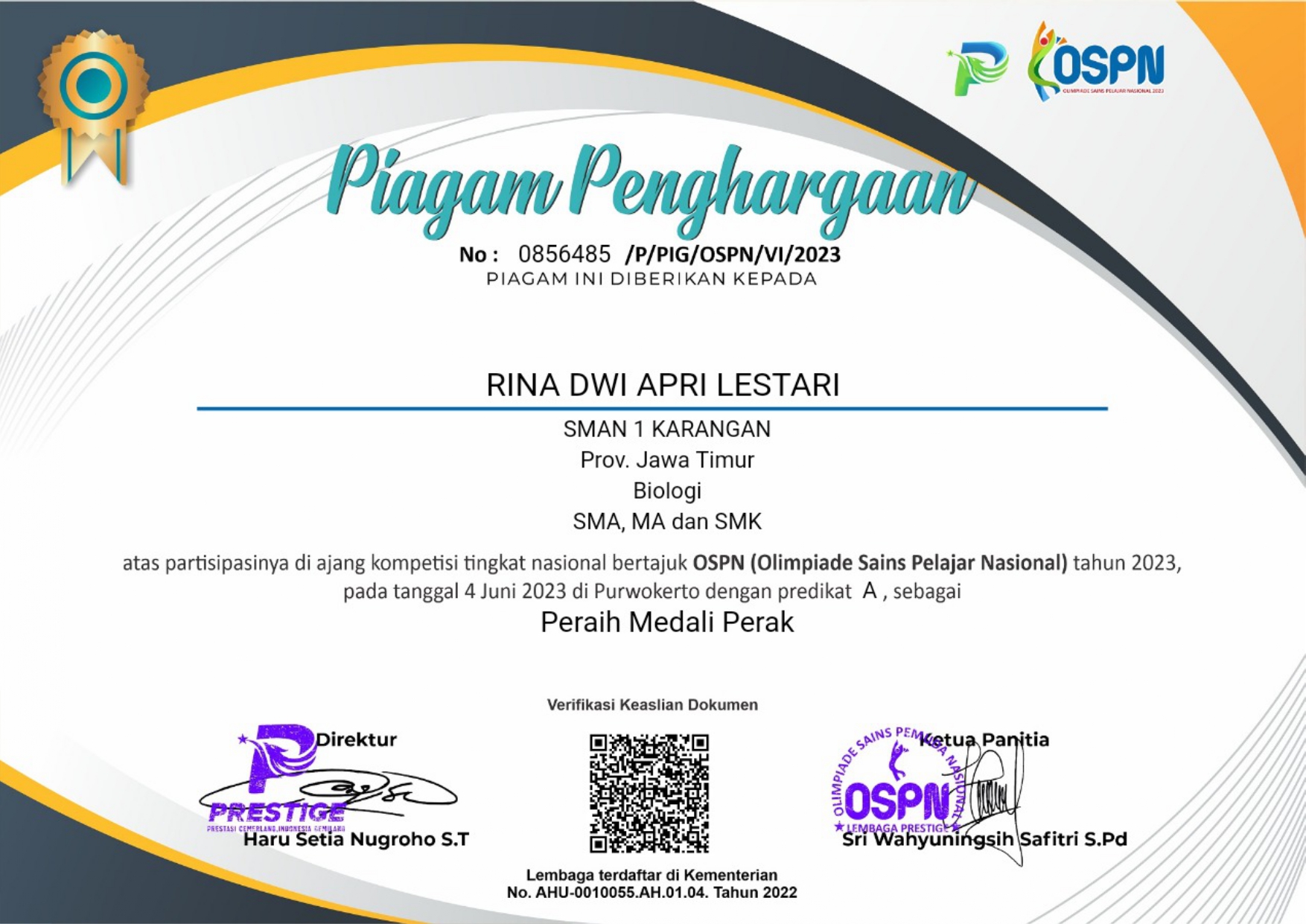 Bidang Biologi di ajang kompetisi tingkat nasional bertajuk OSPN (Olimpiade Sains Pelajar Nasional) Jenjang SMA/MA/SMK